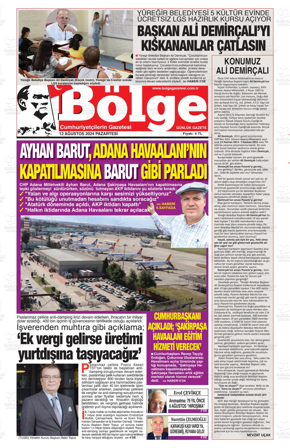 12 Ağustos 2024 Adana Bölge Gazete Manşeti