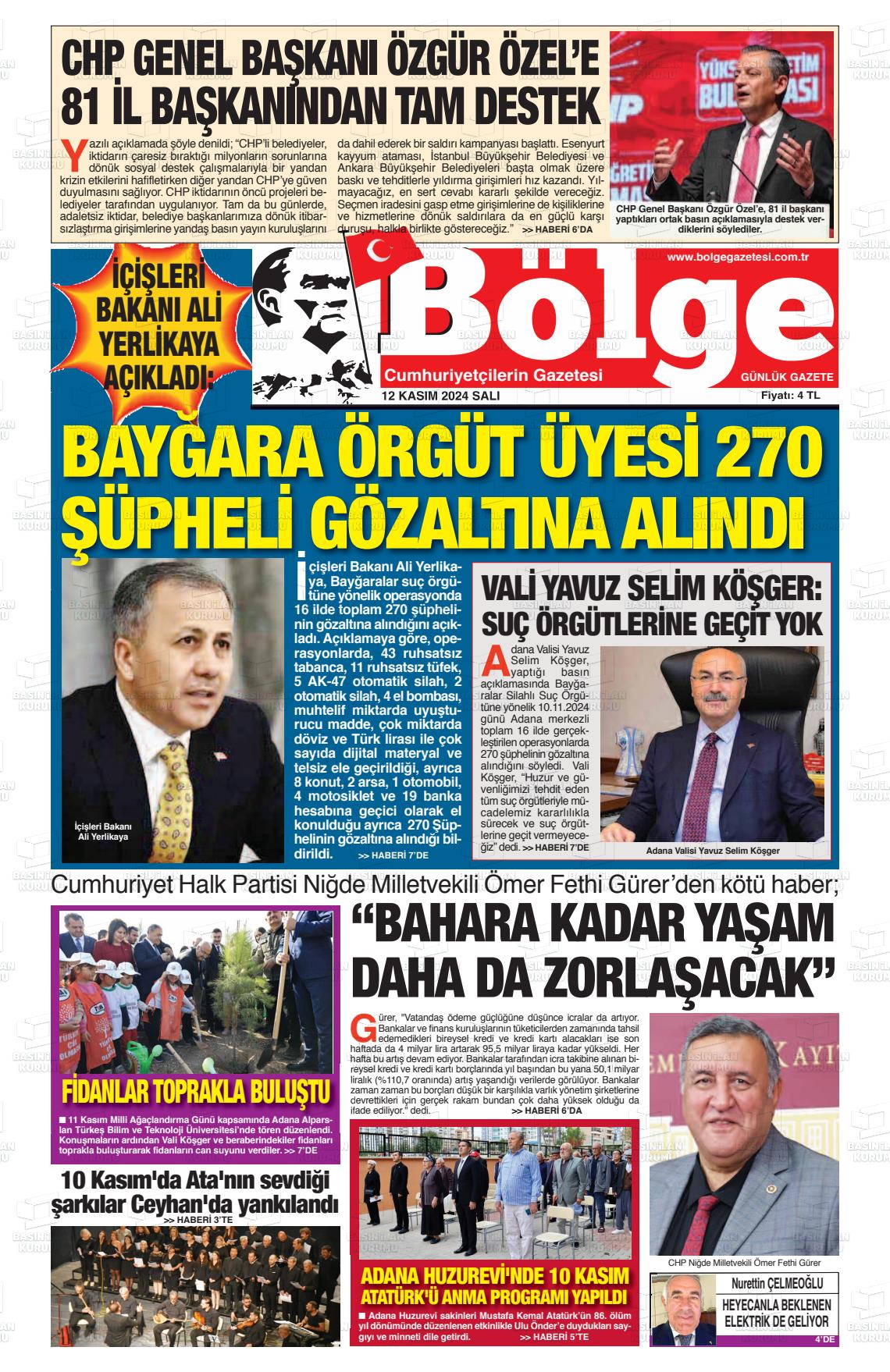 12 Kasım 2024 Adana Bölge Gazete Manşeti