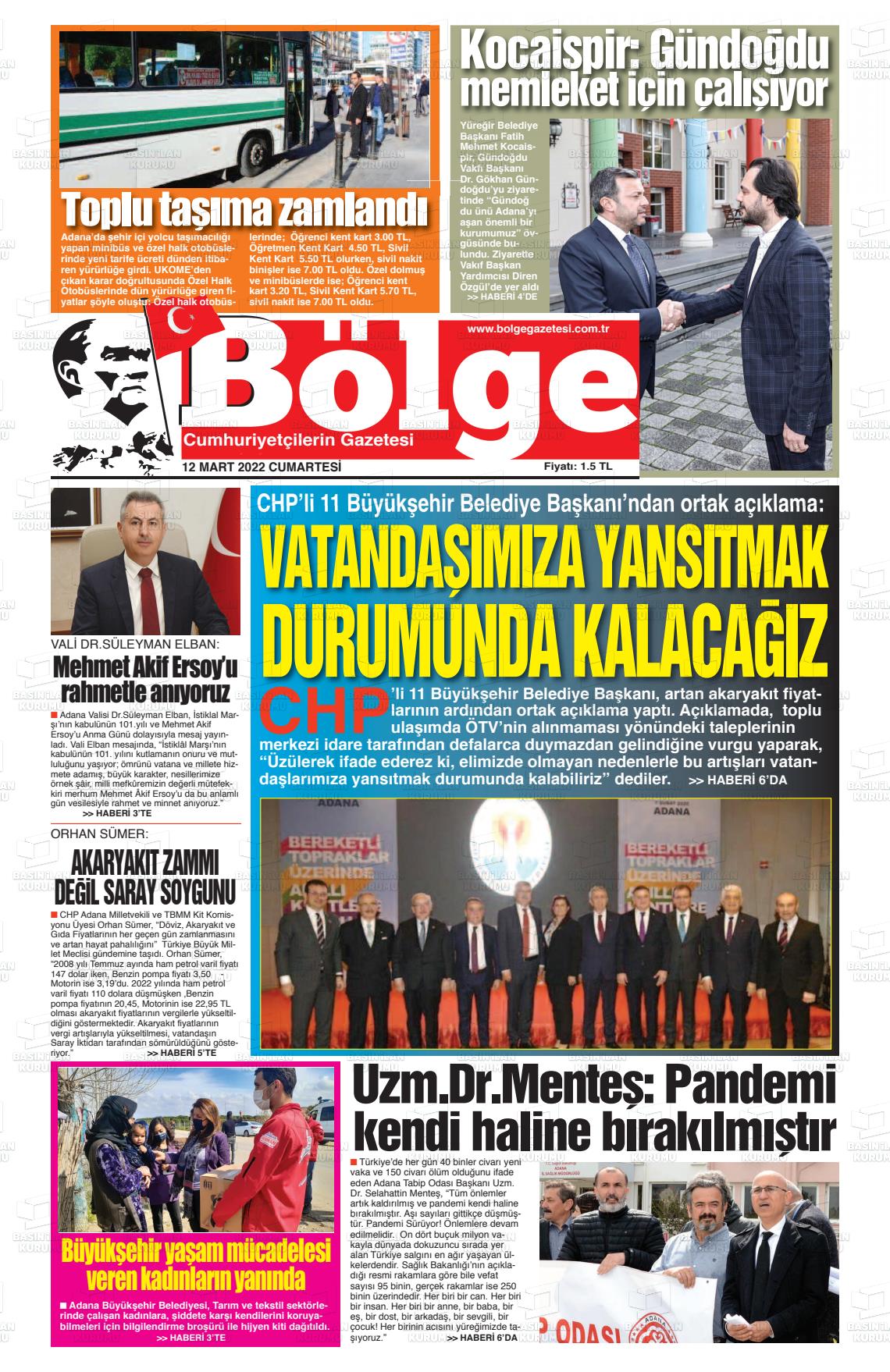 12 Mart 2022 Adana Bölge Gazete Manşeti