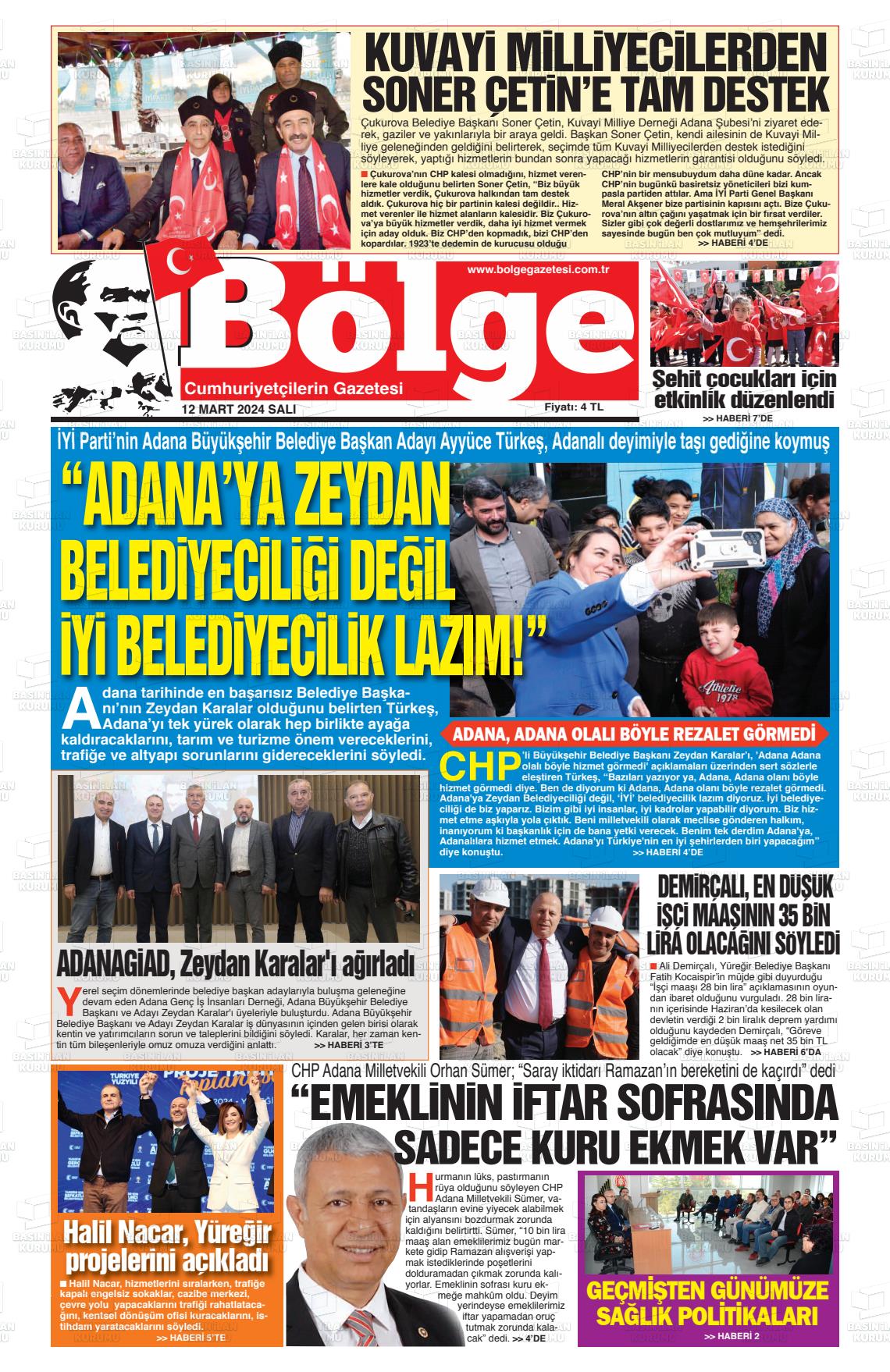 12 Mart 2024 Adana Bölge Gazete Manşeti