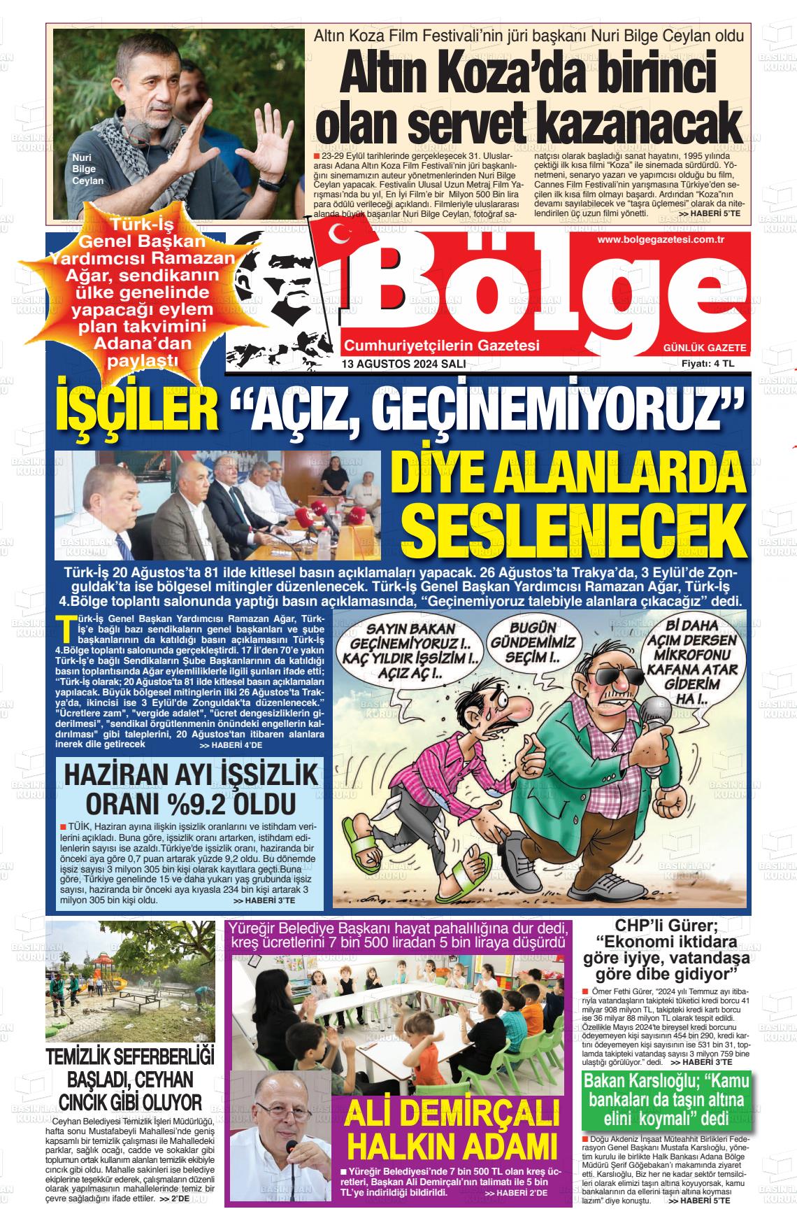 13 Ağustos 2024 Adana Bölge Gazete Manşeti