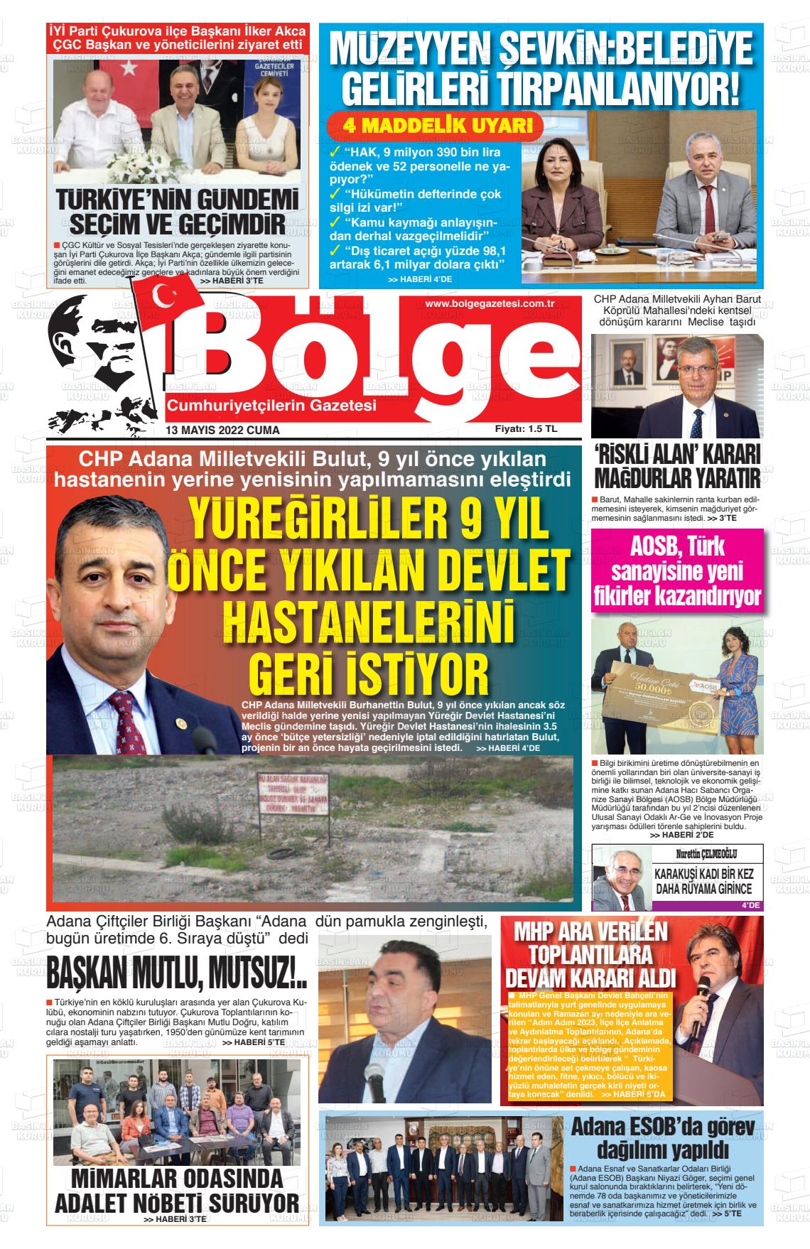 13 Mayıs 2022 Adana Bölge Gazete Manşeti