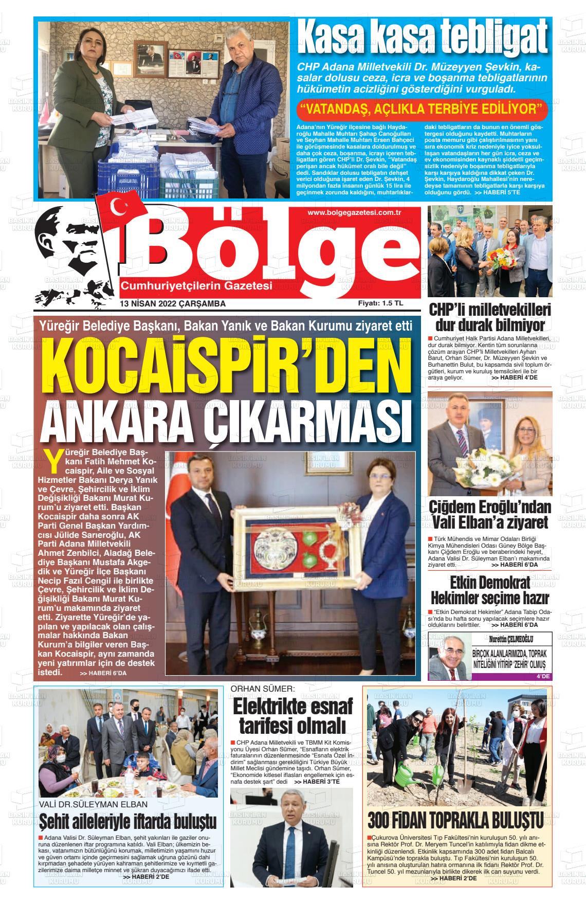 13 Nisan 2022 Adana Bölge Gazete Manşeti