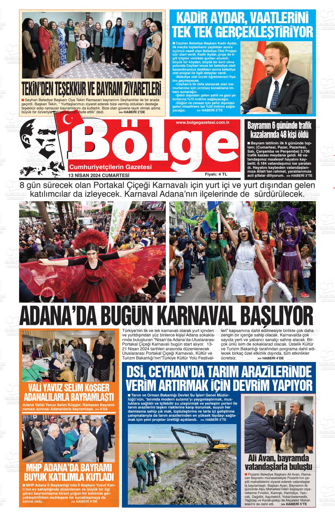 13 Nisan 2024 Adana Bölge Gazete Manşeti