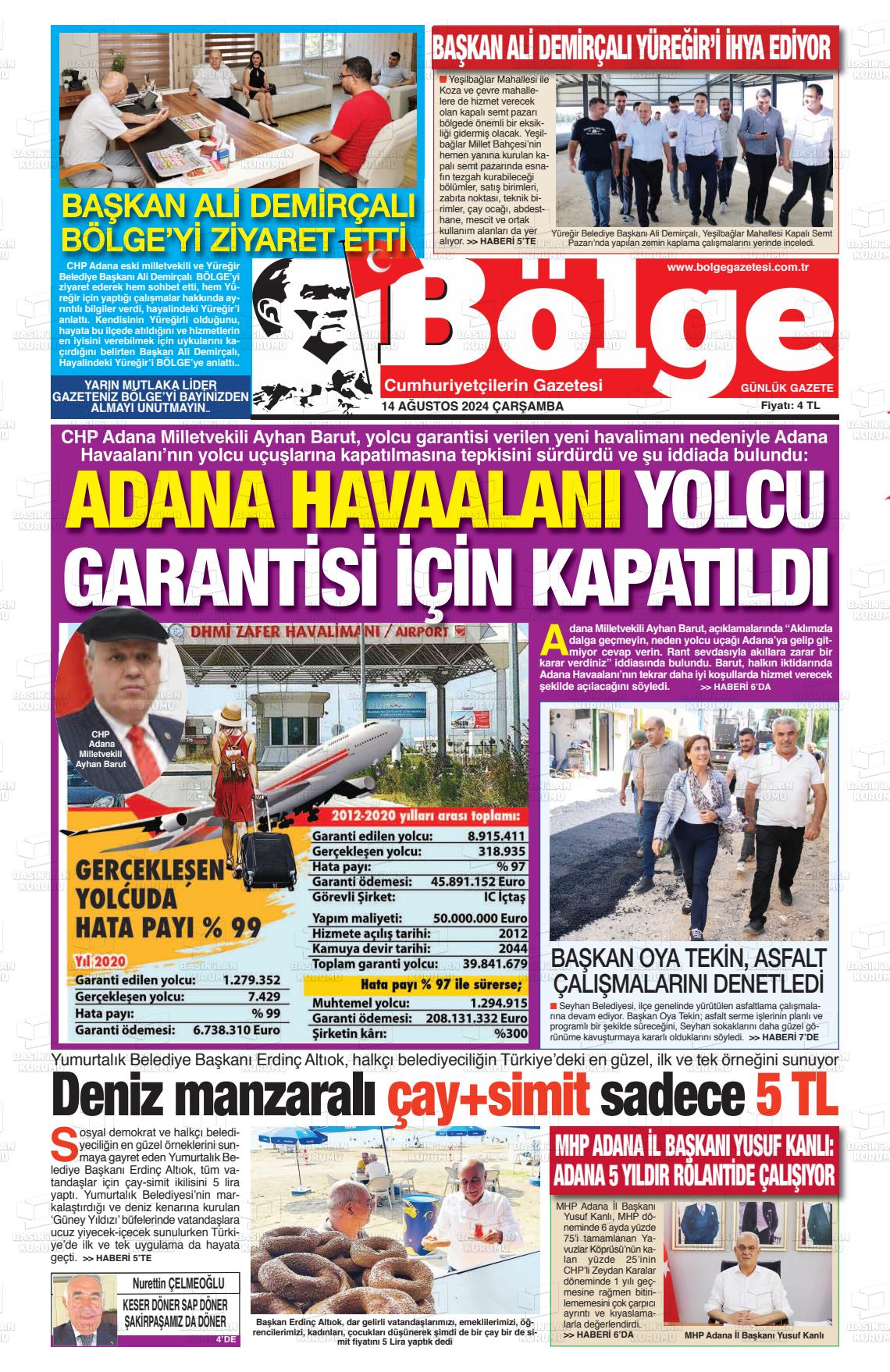 14 Ağustos 2024 Adana Bölge Gazete Manşeti