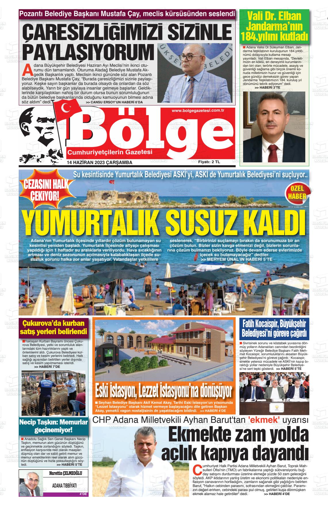 14 Haziran 2023 Adana Bölge Gazete Manşeti