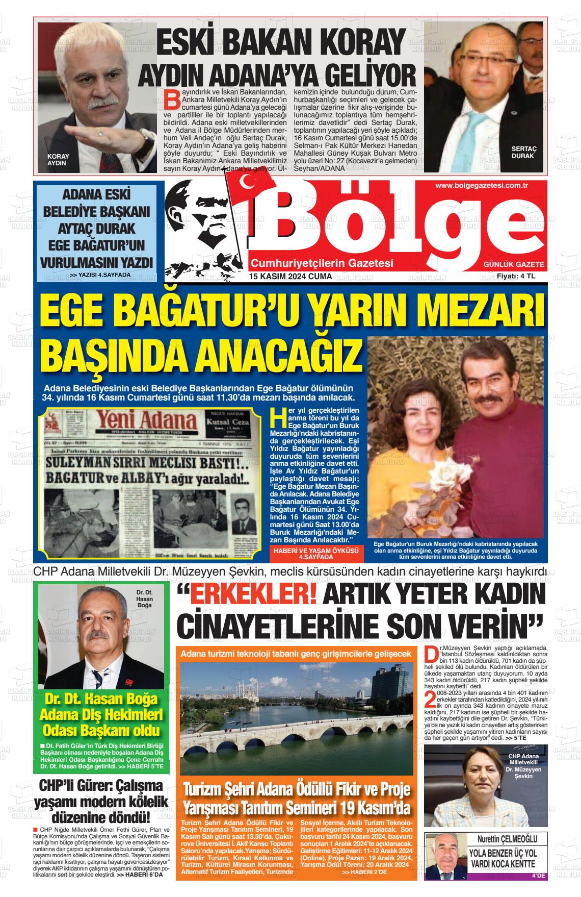 15 Kasım 2024 Adana Bölge Gazete Manşeti