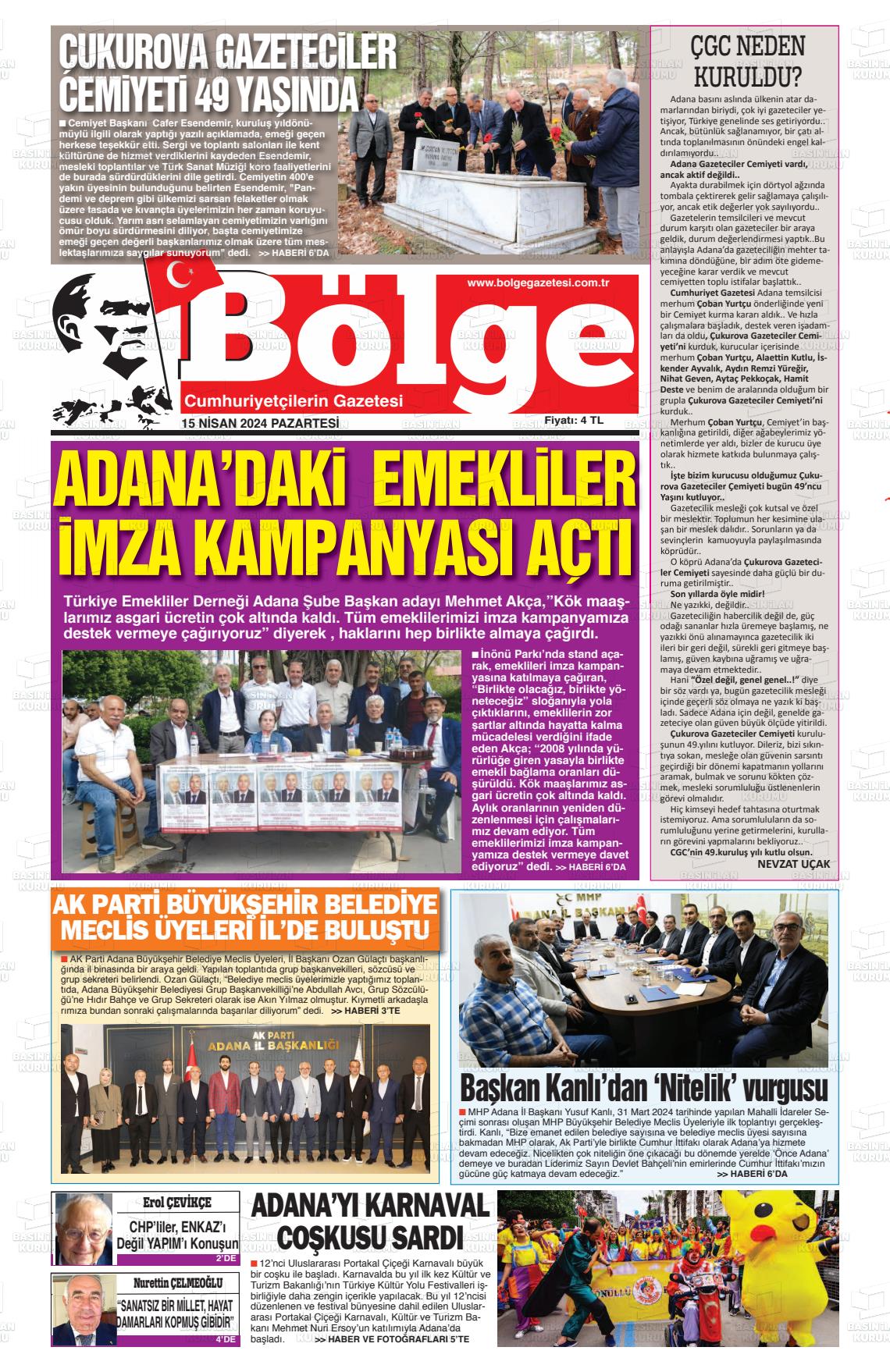 15 Nisan 2024 Adana Bölge Gazete Manşeti