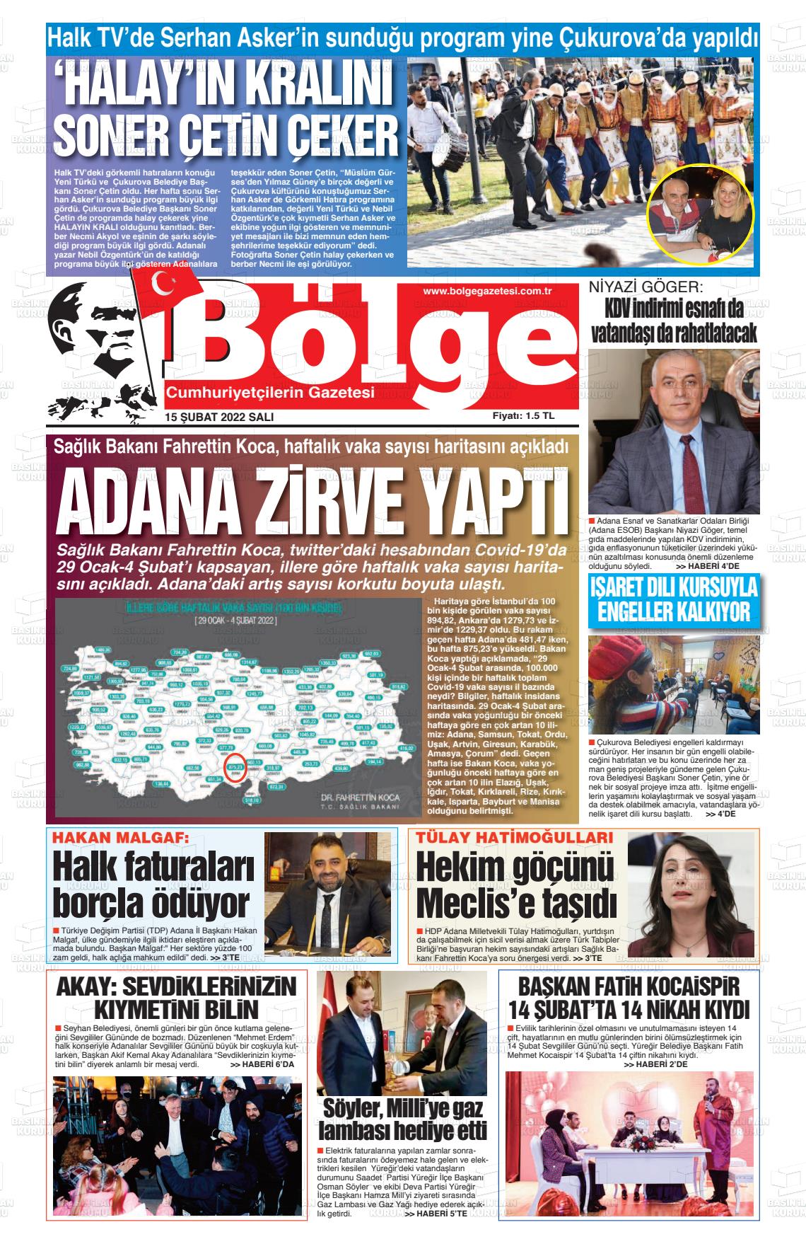 15 Şubat 2022 Adana Bölge Gazete Manşeti