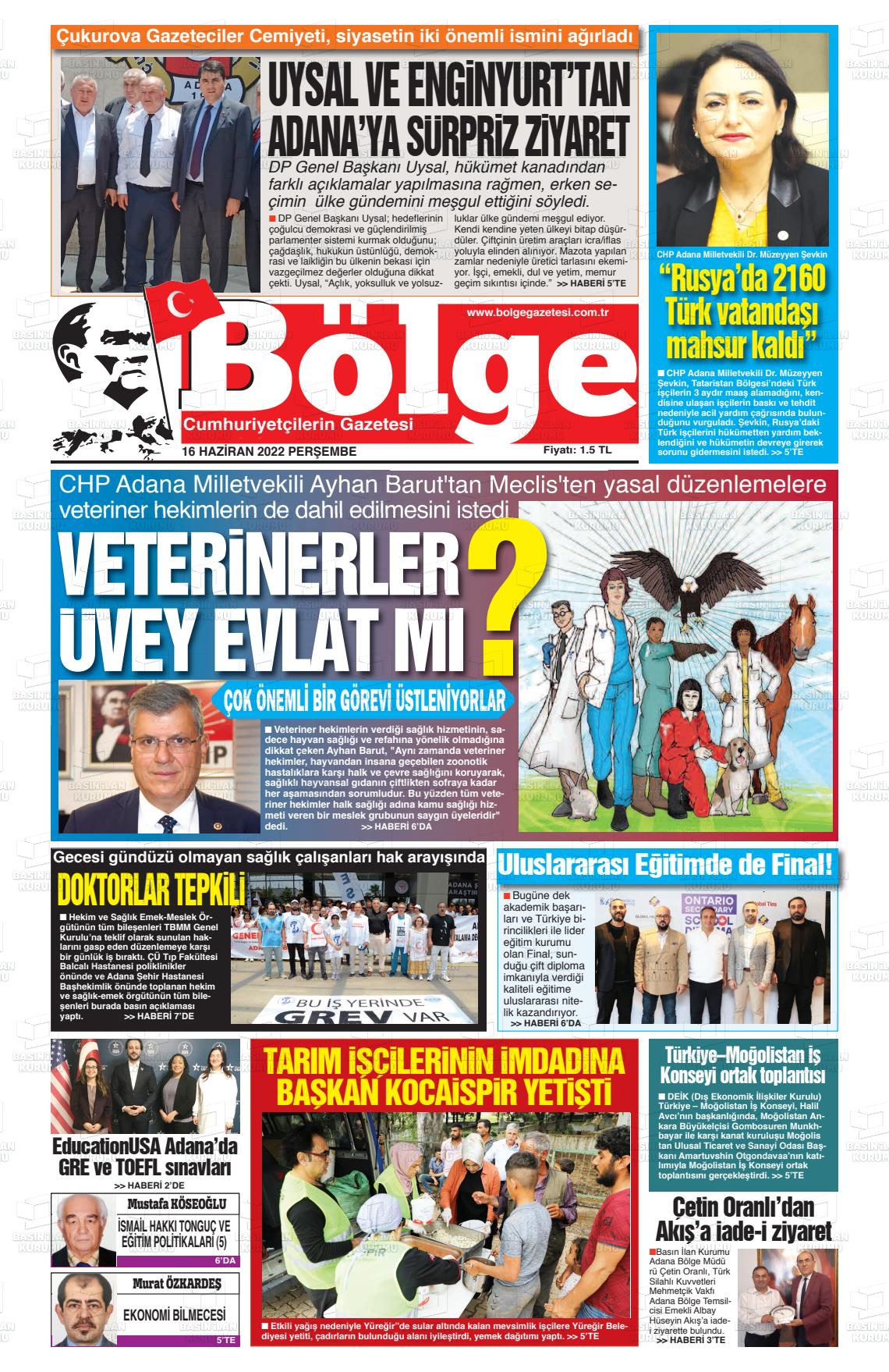 16 Haziran 2022 Adana Bölge Gazete Manşeti