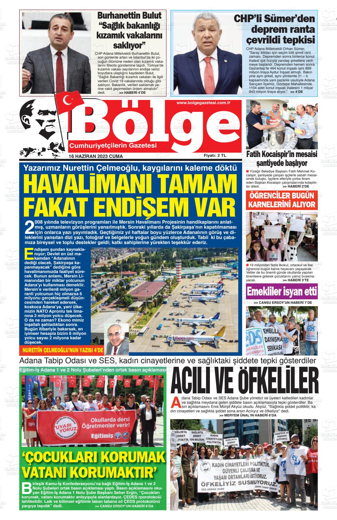 16 Haziran 2023 Adana Bölge Gazete Manşeti