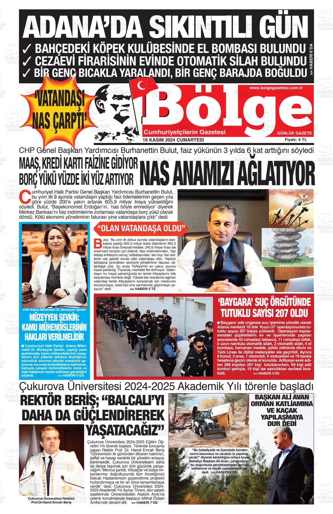 16 Kasım 2024 Adana Bölge Gazete Manşeti