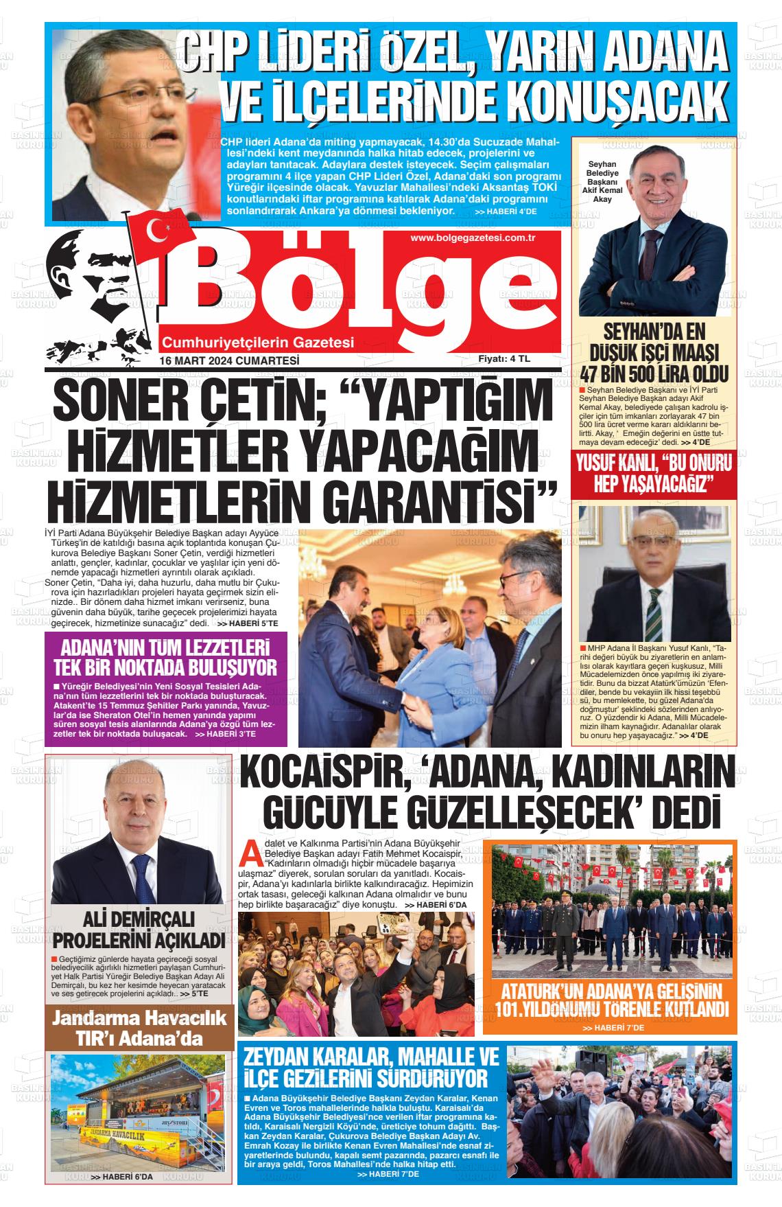 16 Mart 2024 Adana Bölge Gazete Manşeti