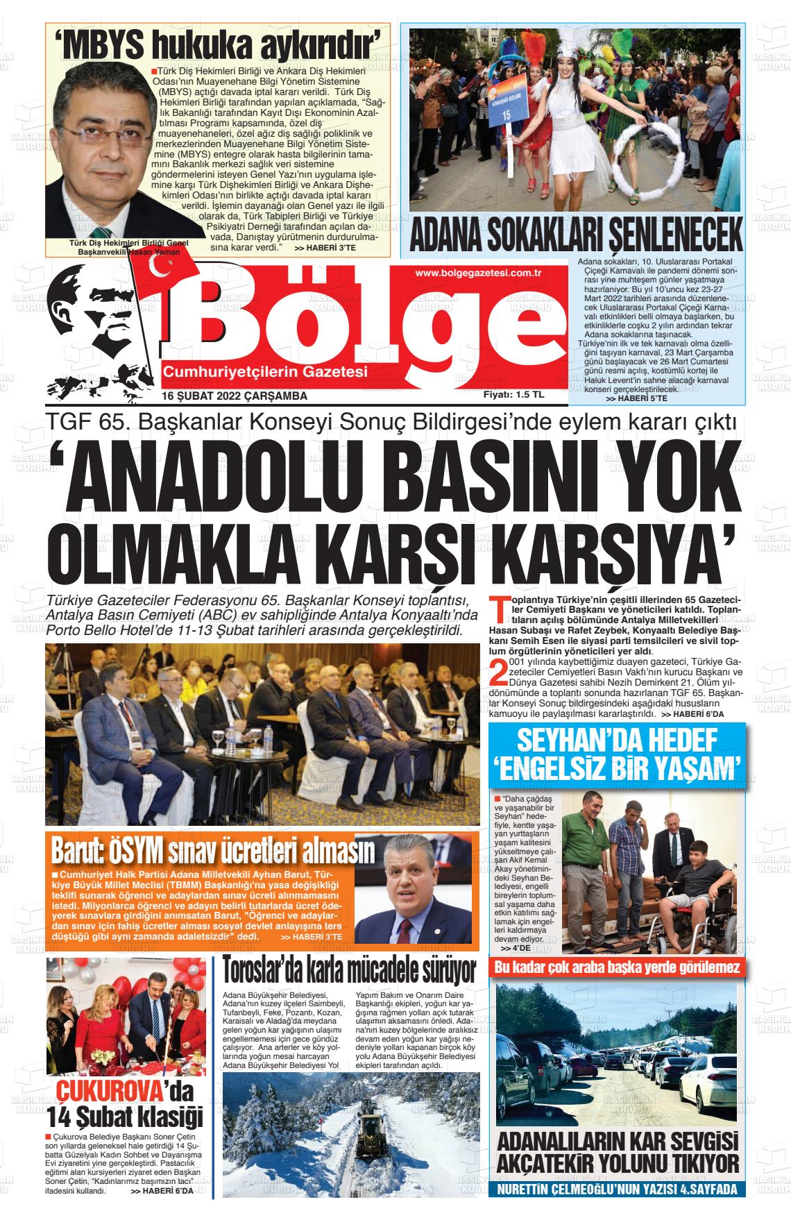 16 Şubat 2022 Adana Bölge Gazete Manşeti