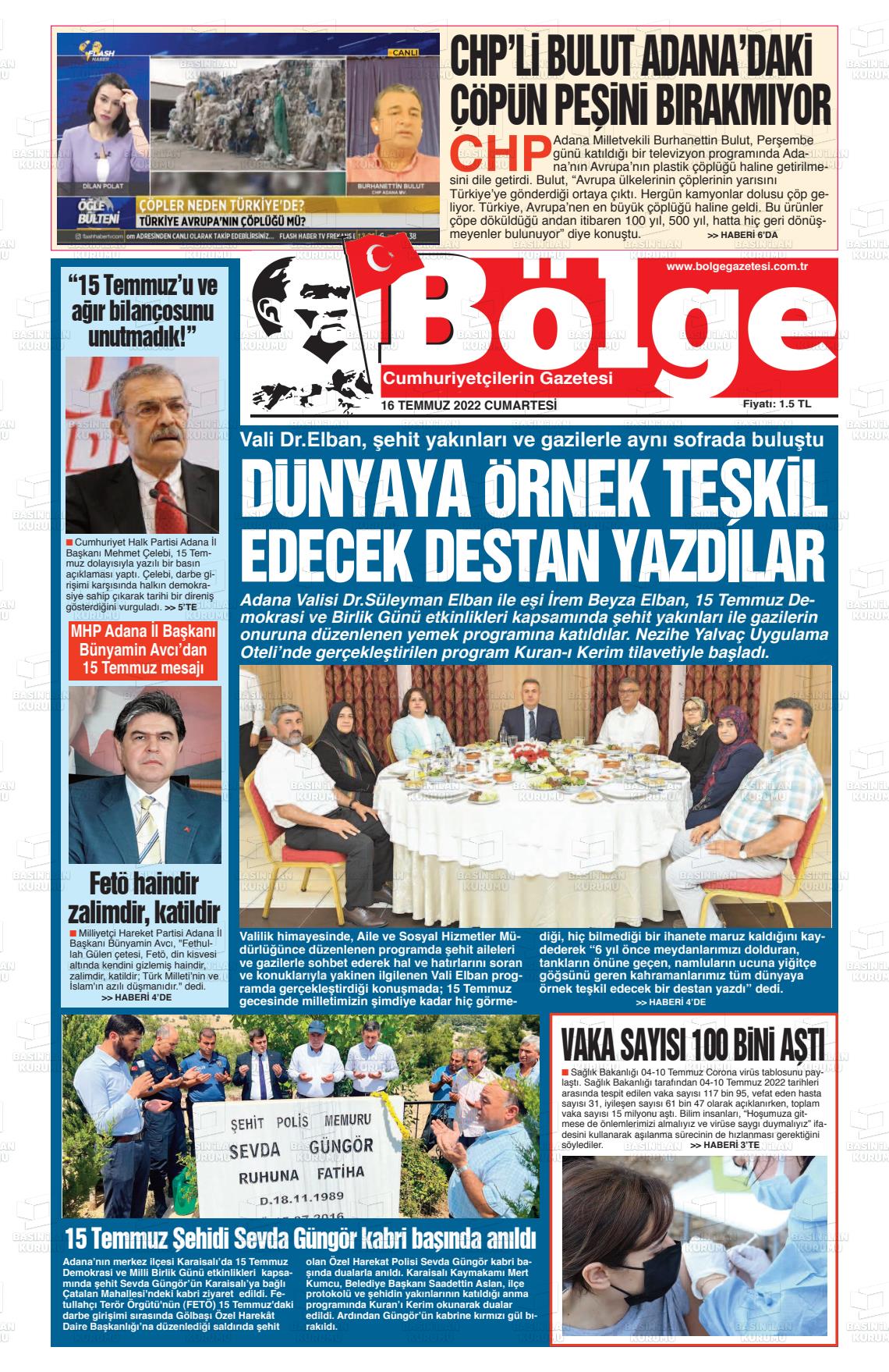 16 Temmuz 2022 Adana Bölge Gazete Manşeti