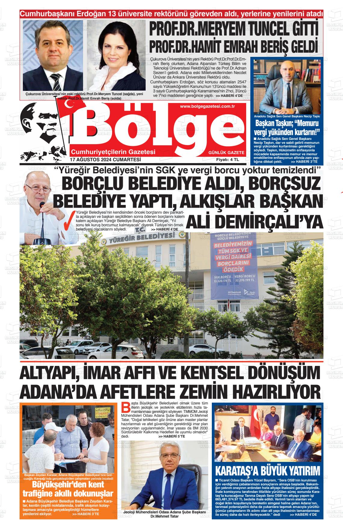 17 Ağustos 2024 Adana Bölge Gazete Manşeti