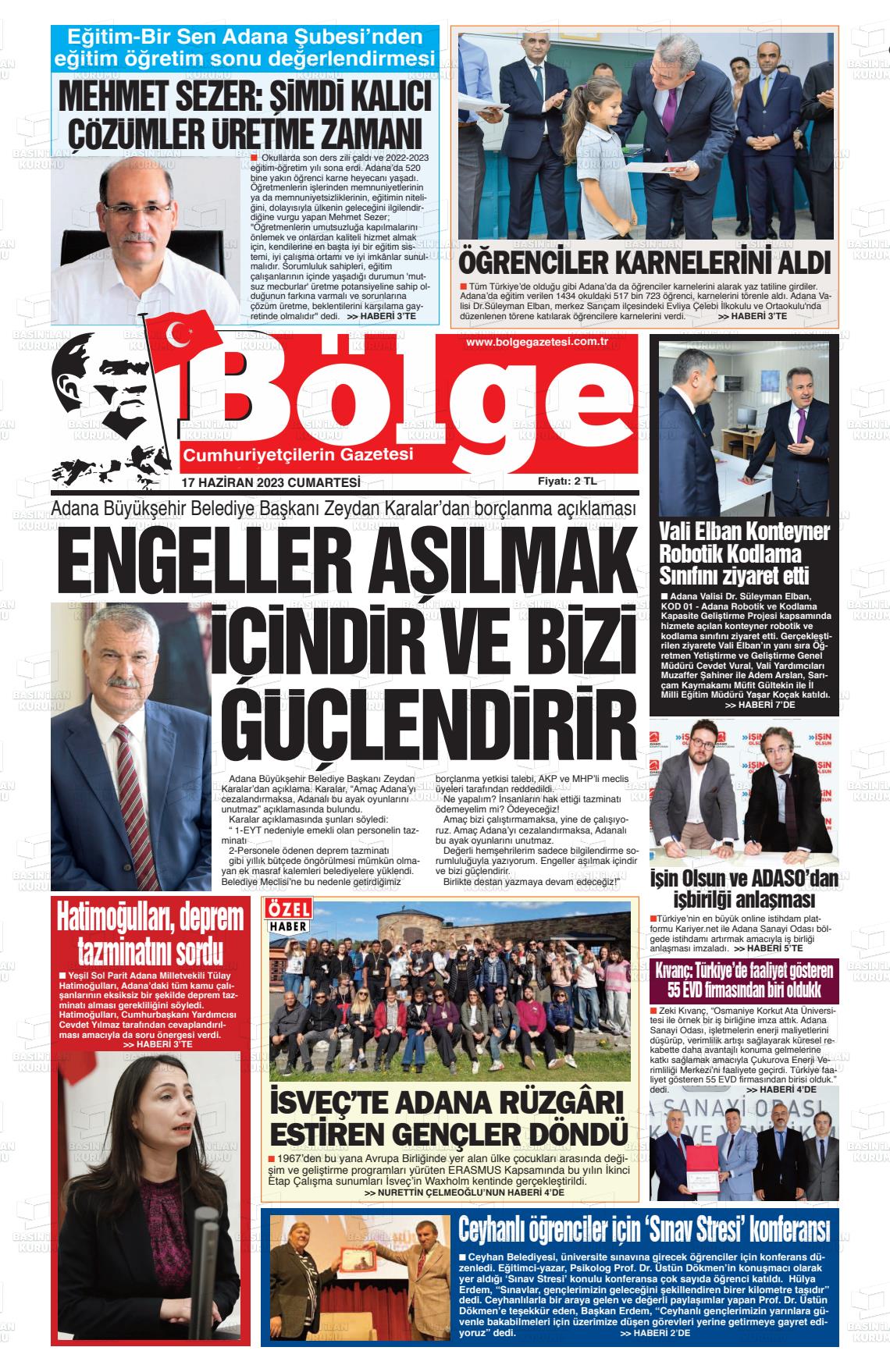 18 Haziran 2023 Adana Bölge Gazete Manşeti