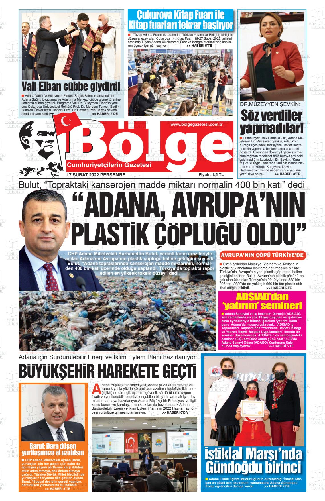 17 Şubat 2022 Adana Bölge Gazete Manşeti