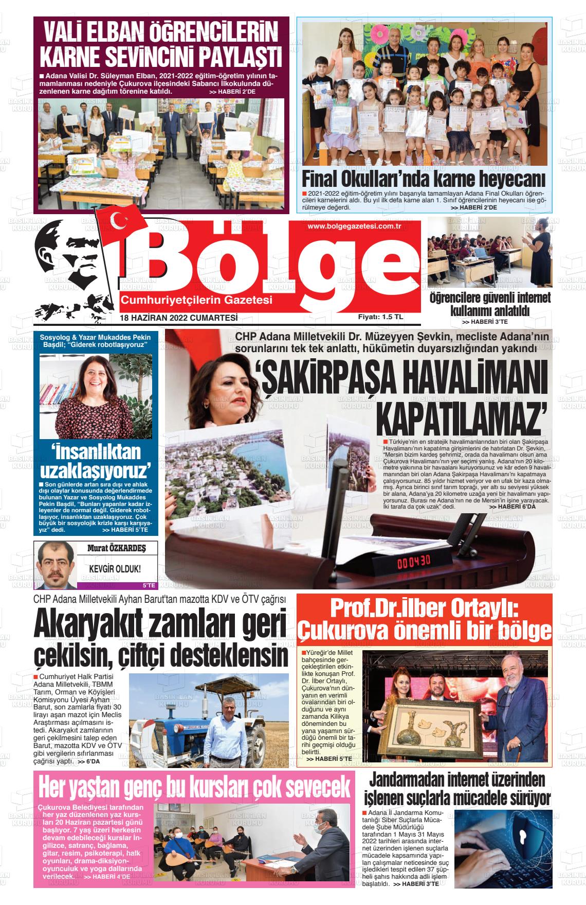 18 Haziran 2022 Adana Bölge Gazete Manşeti