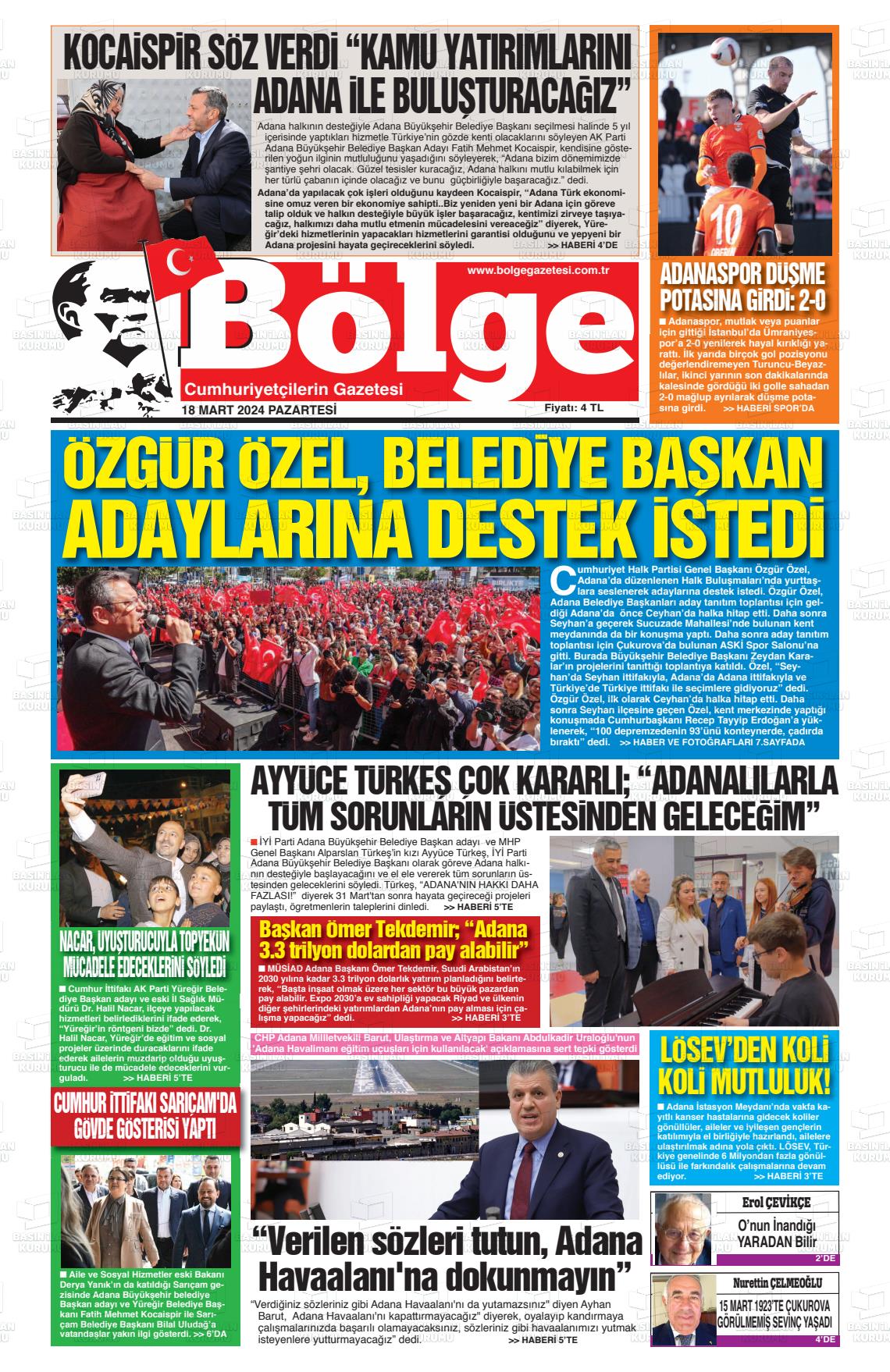 18 Mart 2024 Adana Bölge Gazete Manşeti