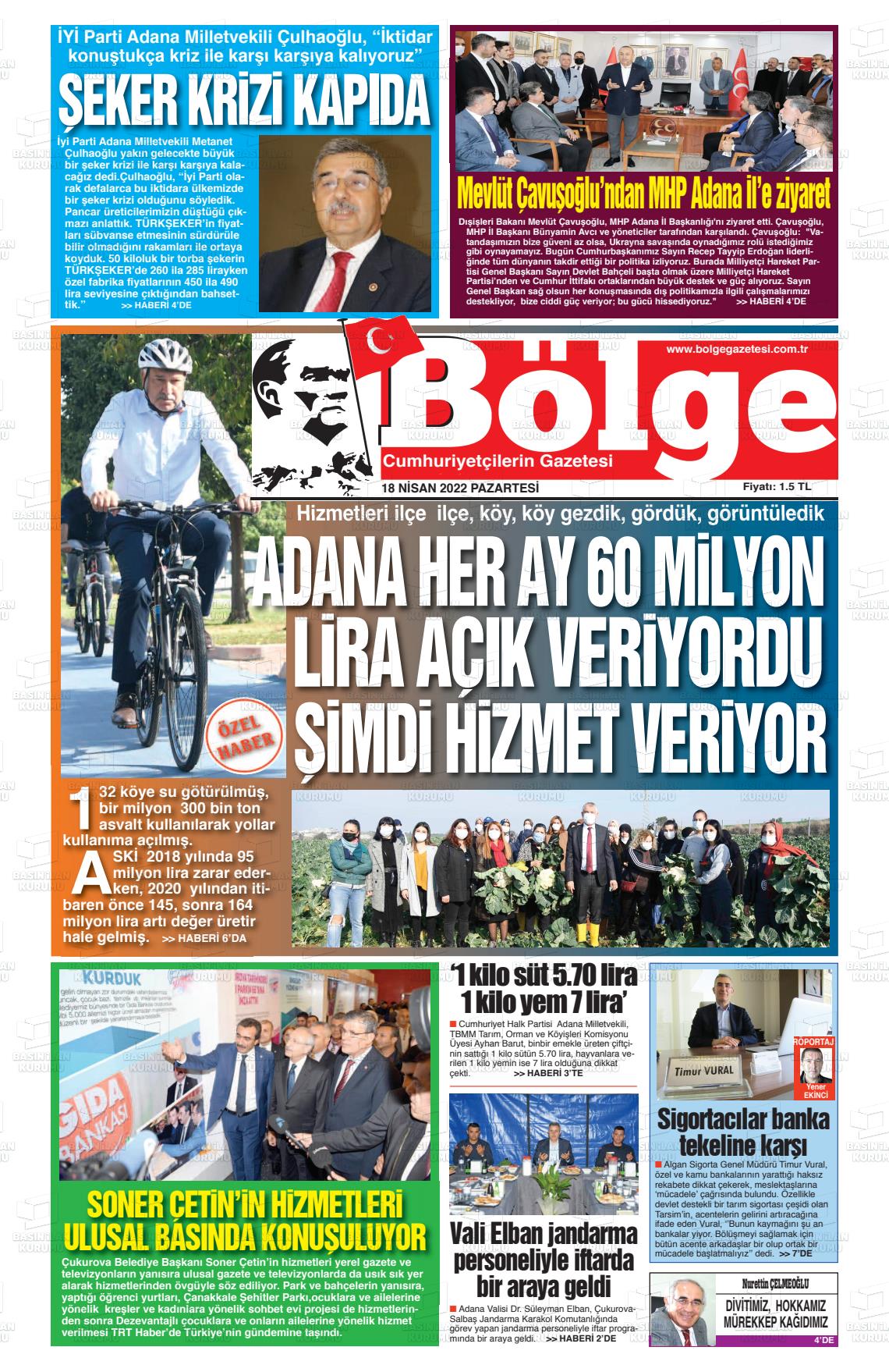 18 Nisan 2022 Adana Bölge Gazete Manşeti