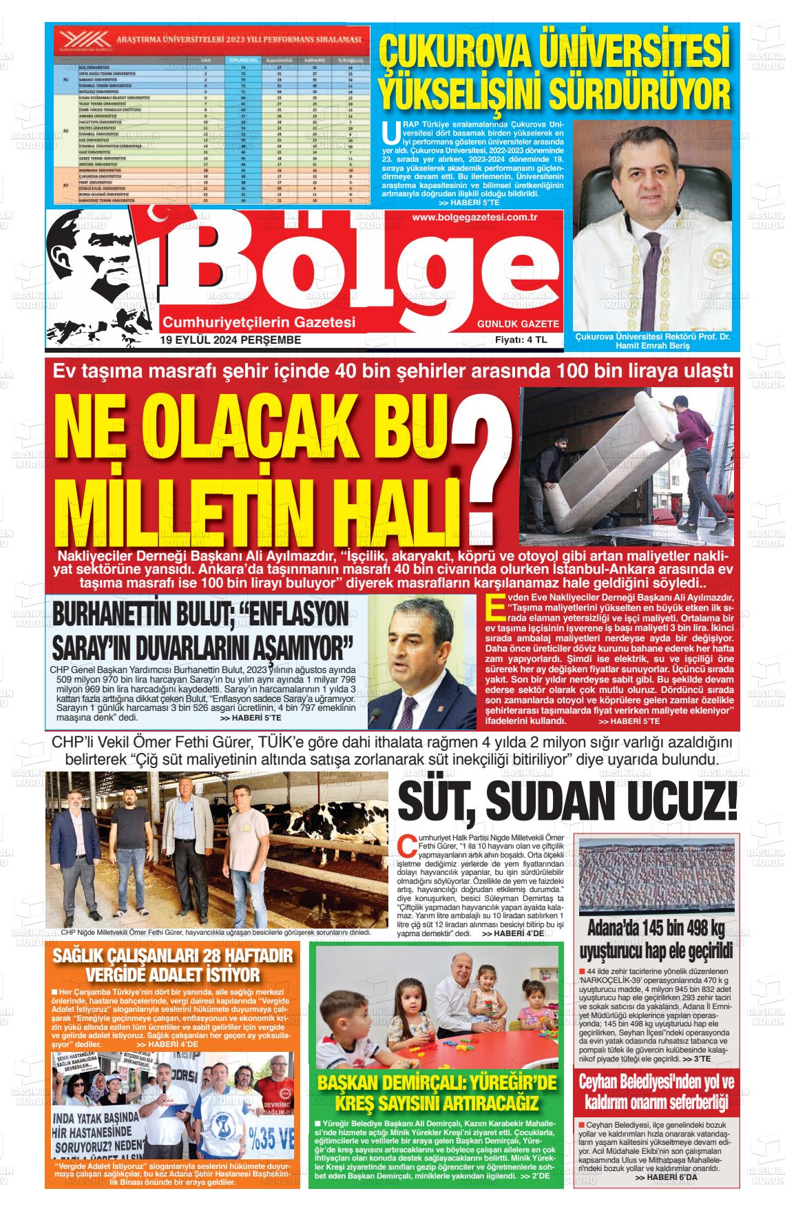 19 Eylül 2024 Adana Bölge Gazete Manşeti