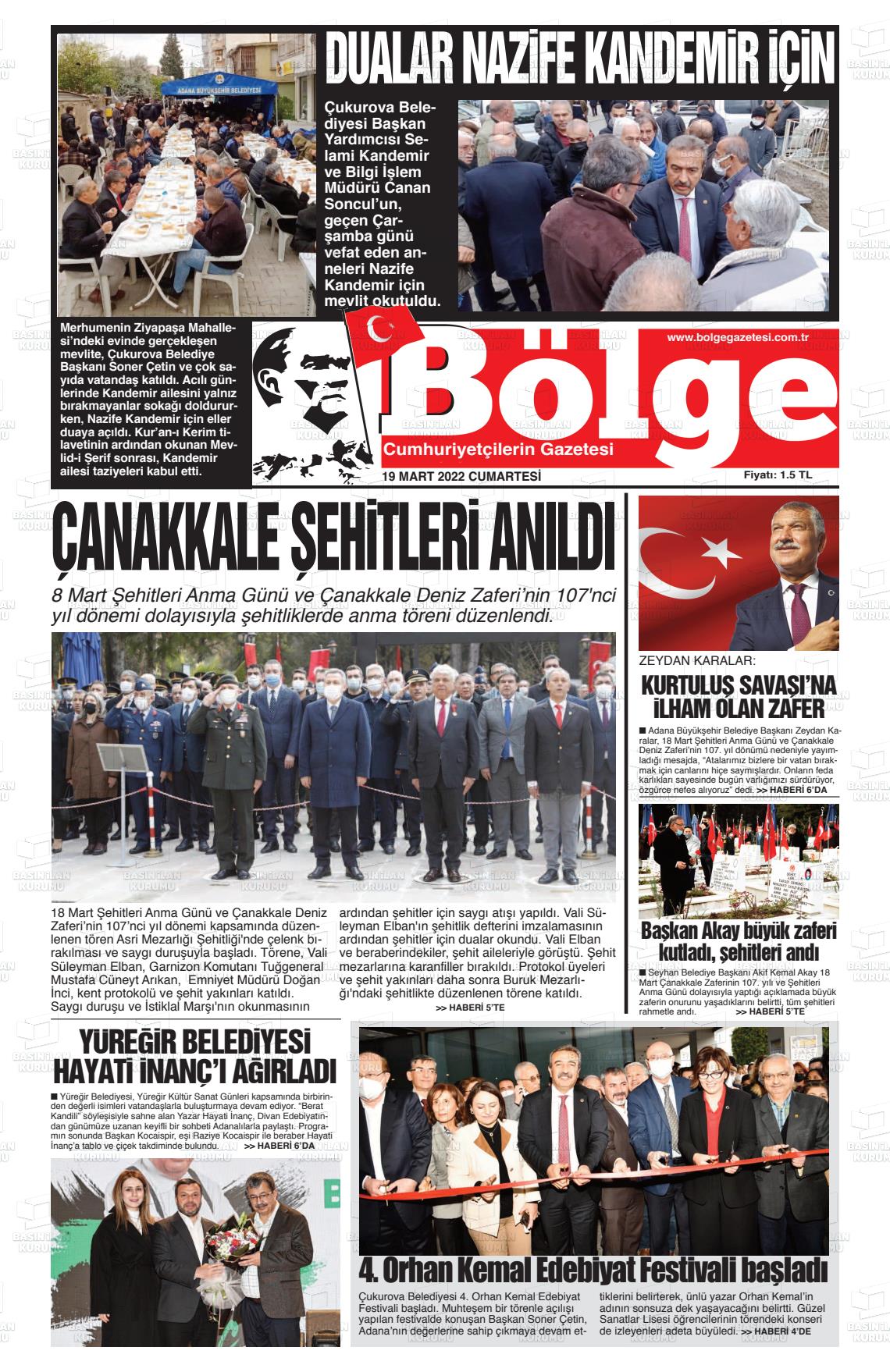 19 Mart 2022 Adana Bölge Gazete Manşeti