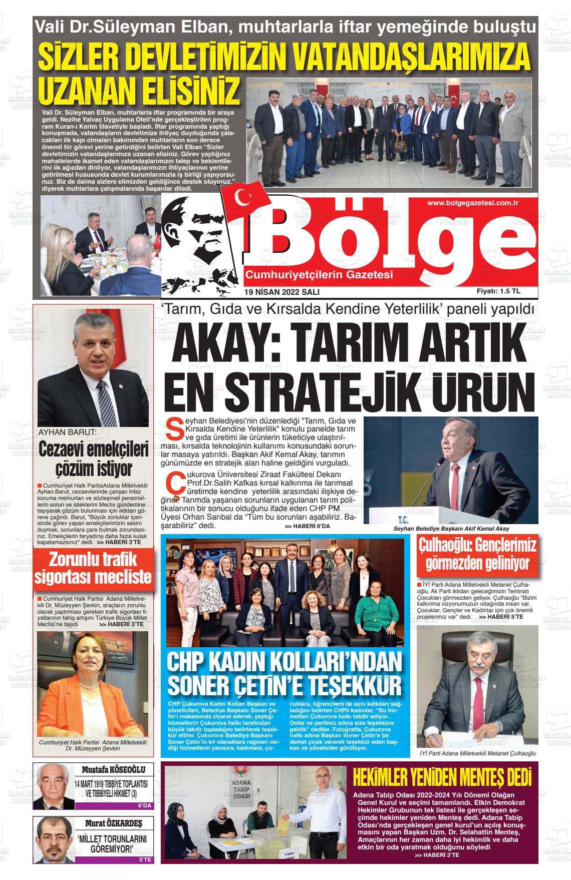 19 Nisan 2022 Adana Bölge Gazete Manşeti