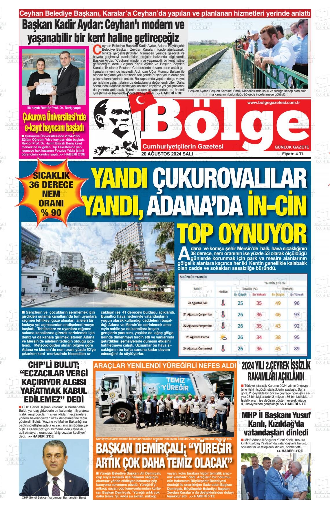 20 Ağustos 2024 Adana Bölge Gazete Manşeti