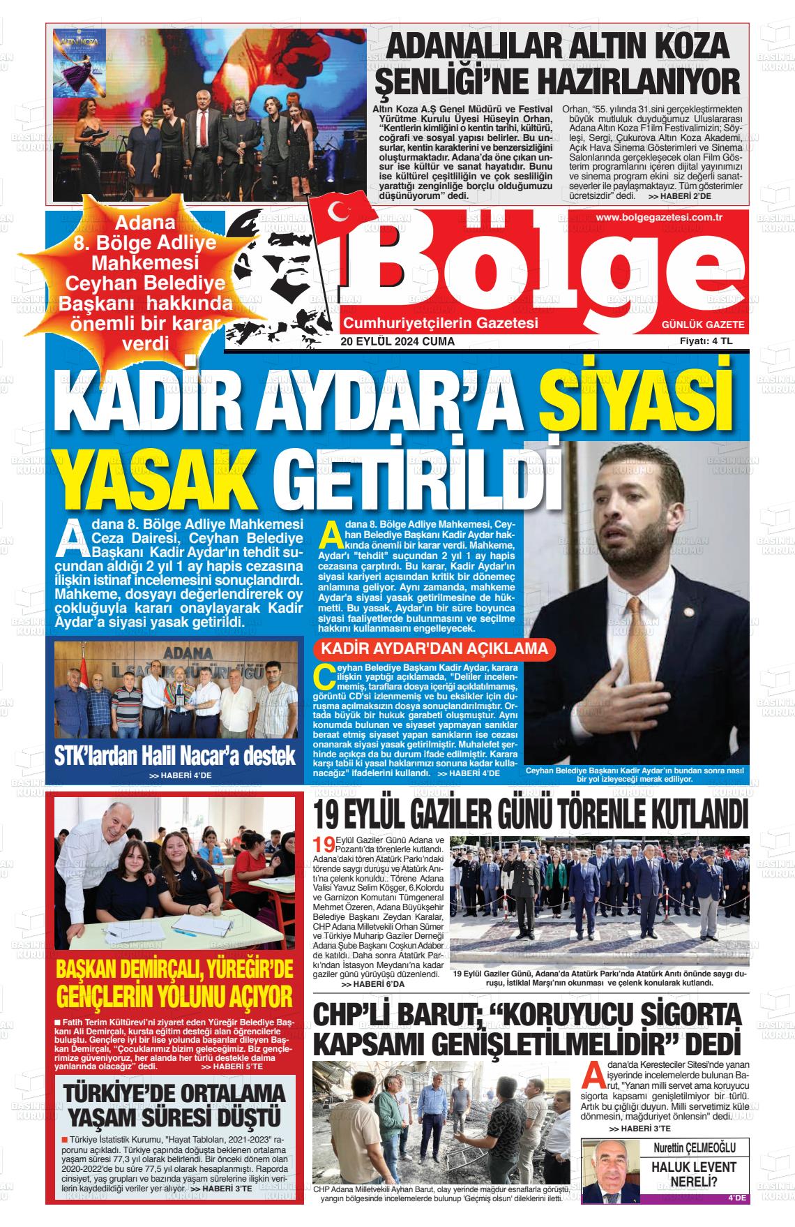 20 Eylül 2024 Adana Bölge Gazete Manşeti