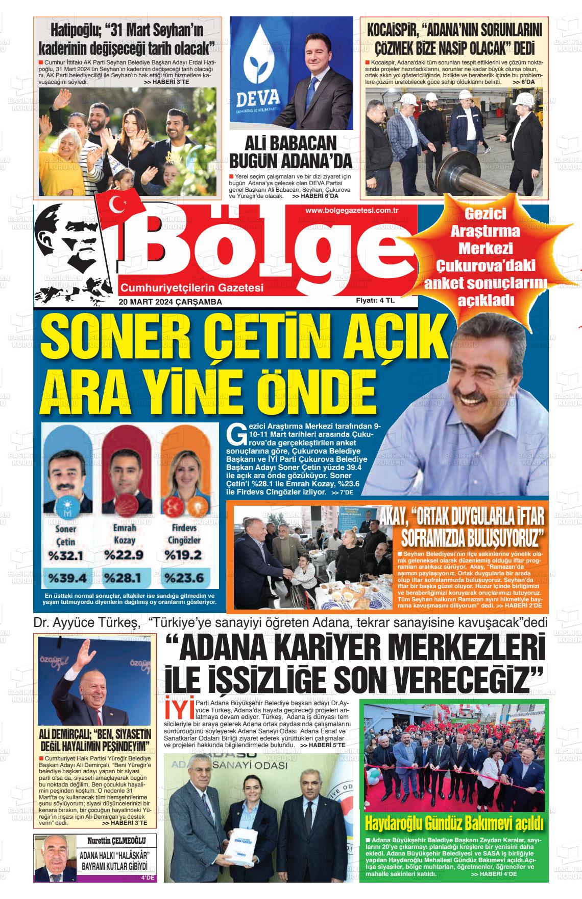 20 Mart 2024 Adana Bölge Gazete Manşeti