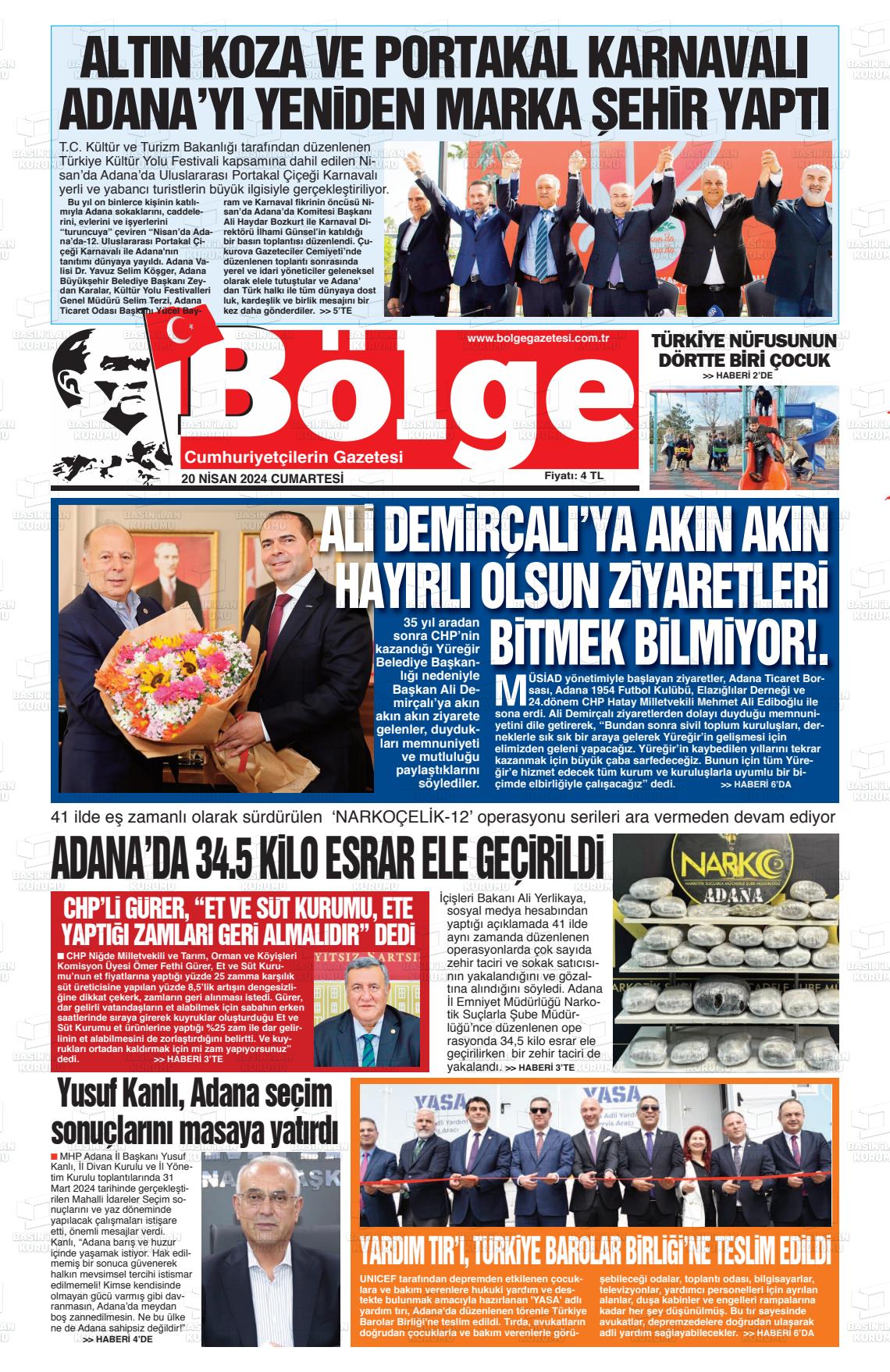 20 Nisan 2024 Adana Bölge Gazete Manşeti