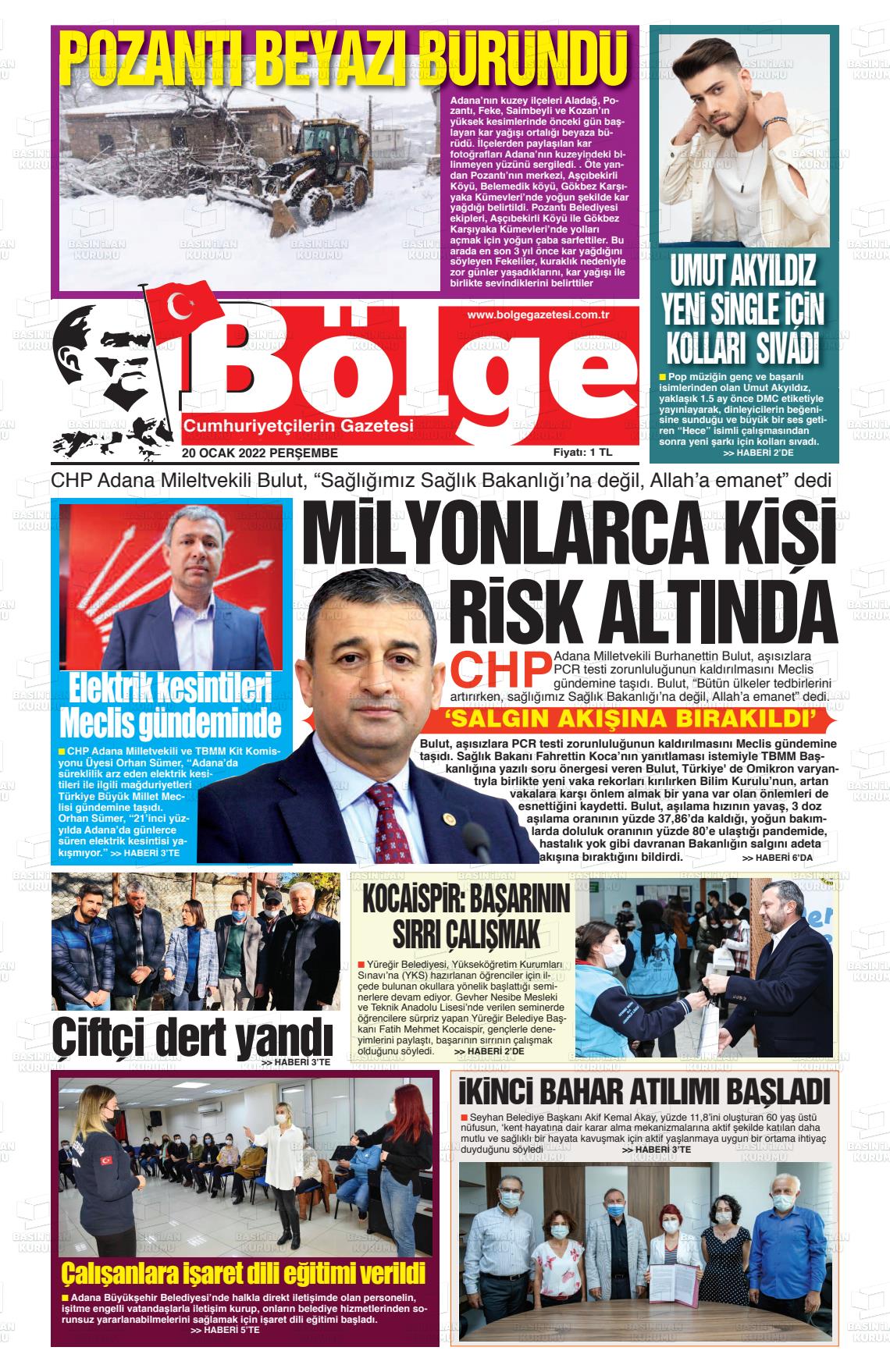 20 Ocak 2022 Adana Bölge Gazete Manşeti