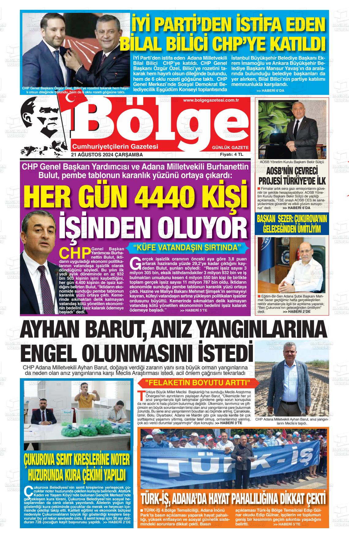 21 Ağustos 2024 Adana Bölge Gazete Manşeti