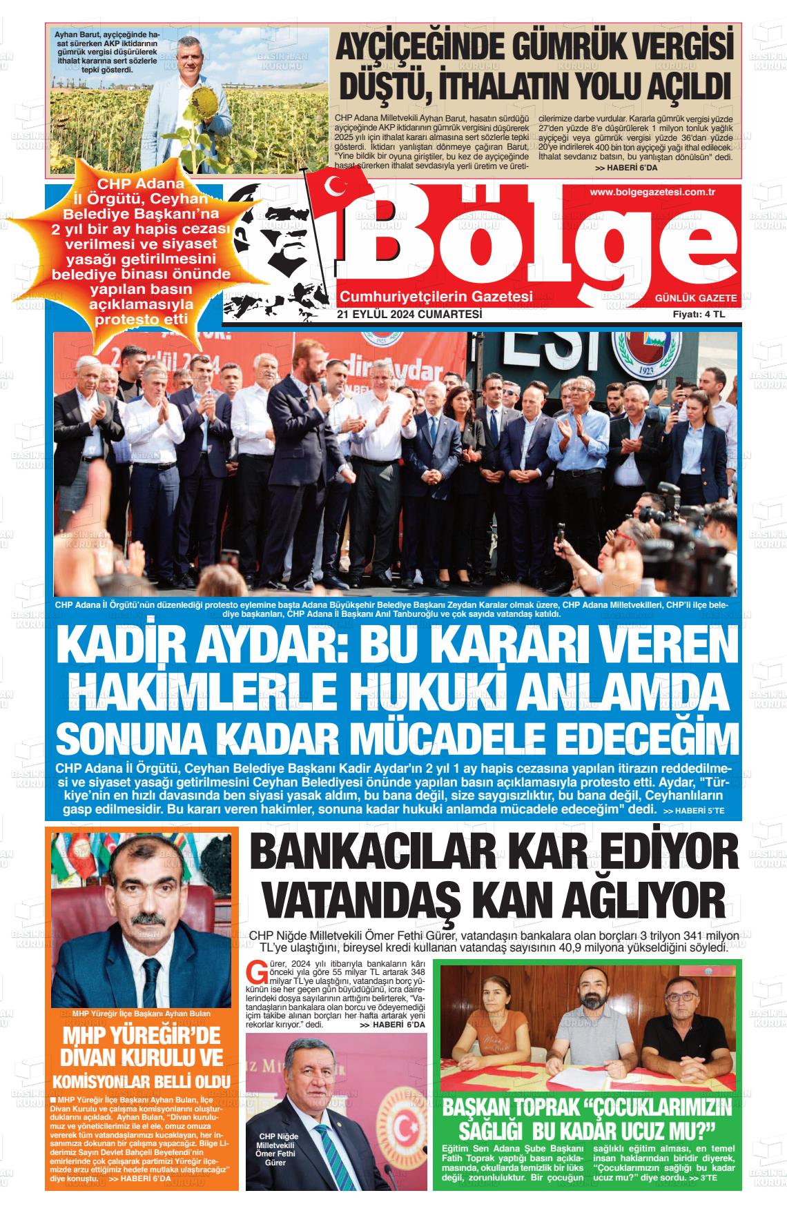 21 Eylül 2024 Adana Bölge Gazete Manşeti