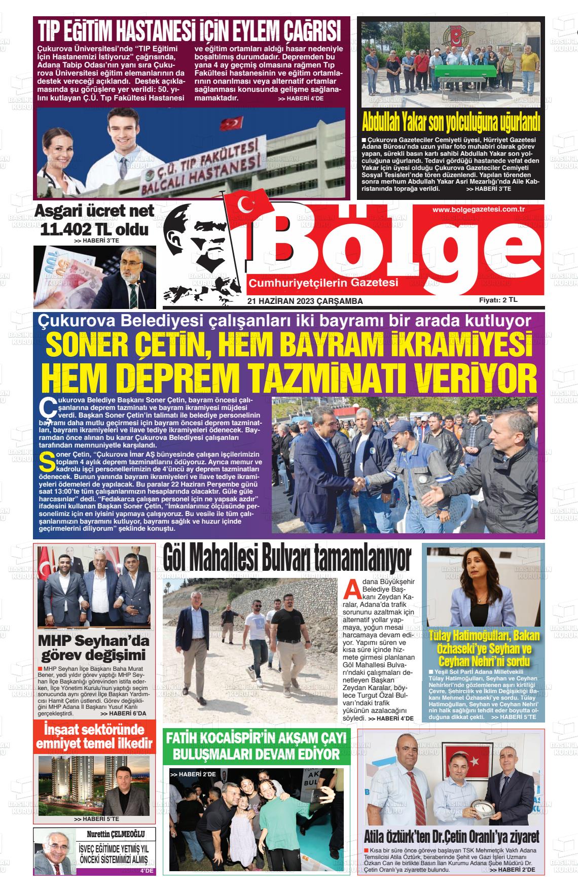 21 Haziran 2023 Adana Bölge Gazete Manşeti