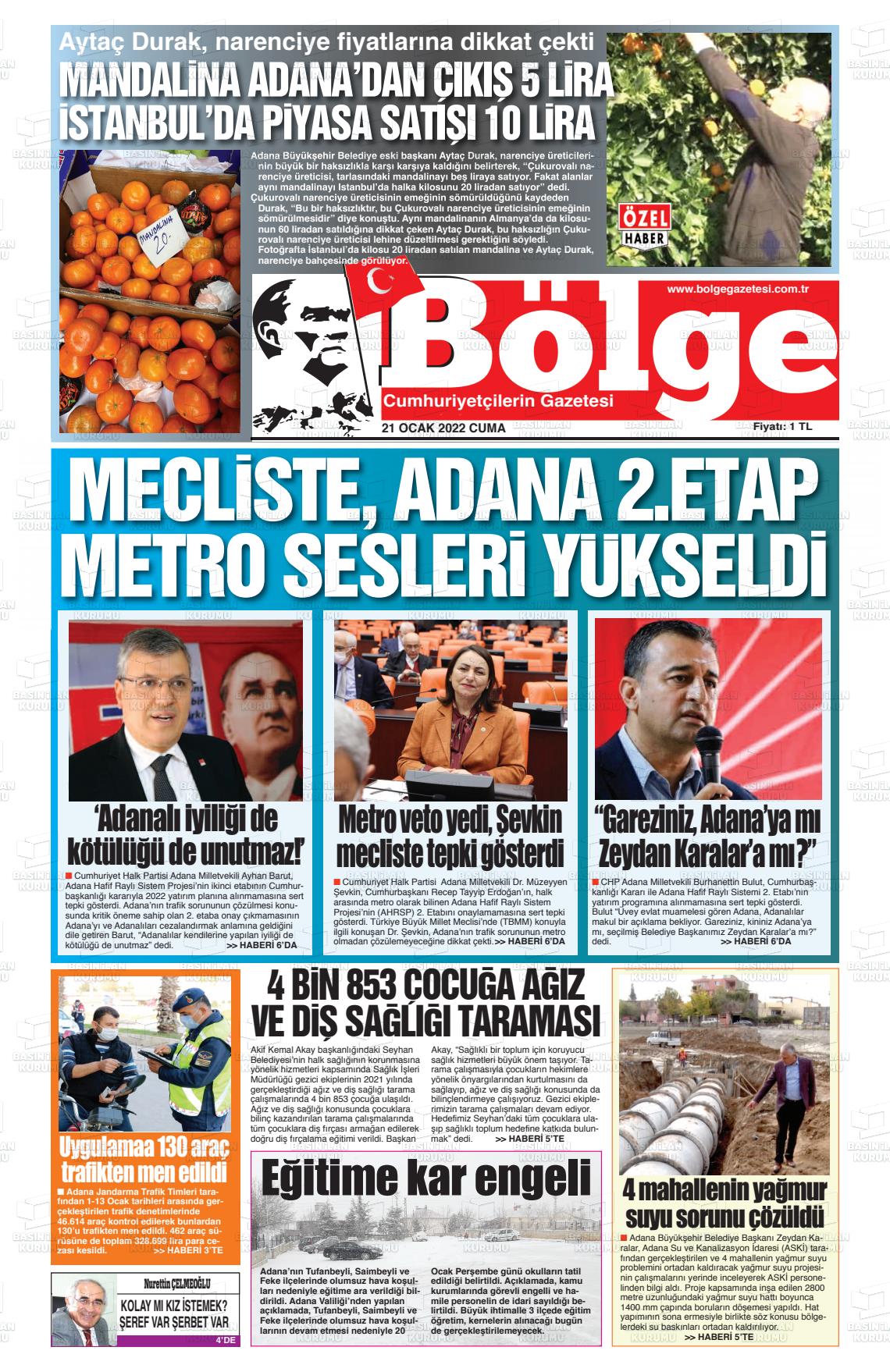 21 Ocak 2022 Adana Bölge Gazete Manşeti