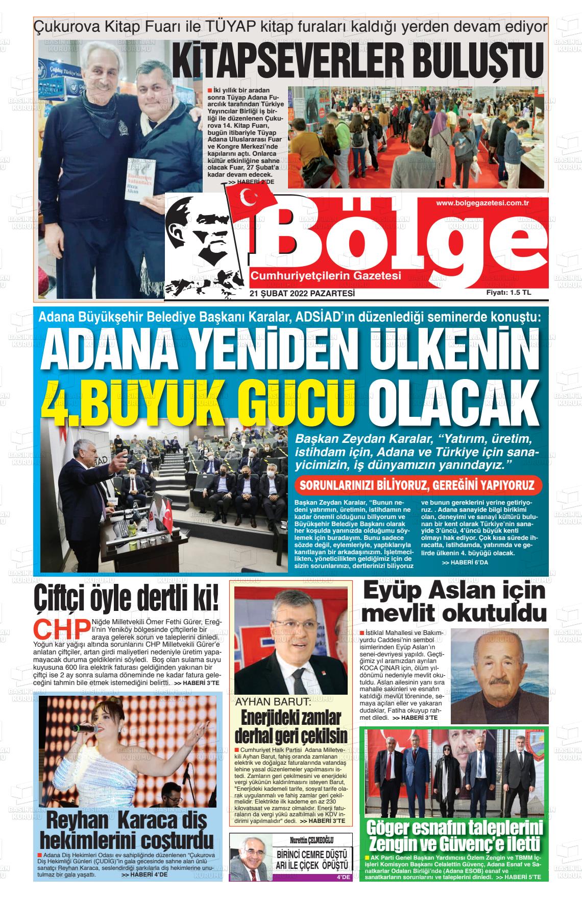 21 Şubat 2022 Adana Bölge Gazete Manşeti