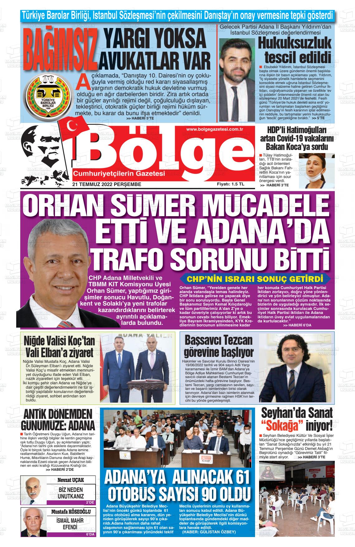 18 Eylül 2022 Adana Bölge Gazete Manşeti