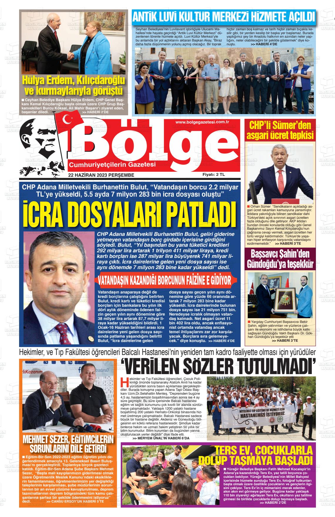 22 Haziran 2023 Adana Bölge Gazete Manşeti