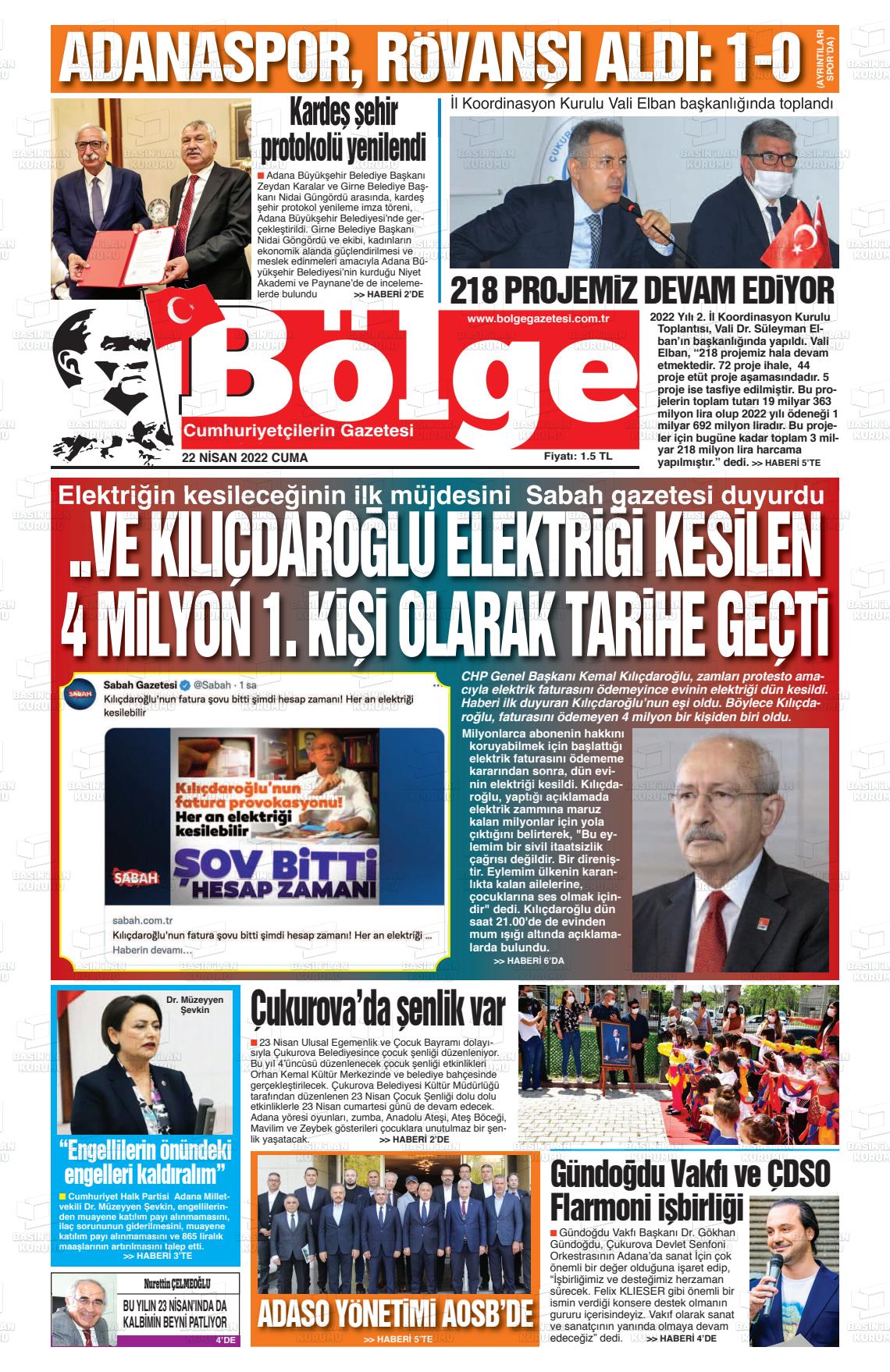 22 Nisan 2022 Adana Bölge Gazete Manşeti