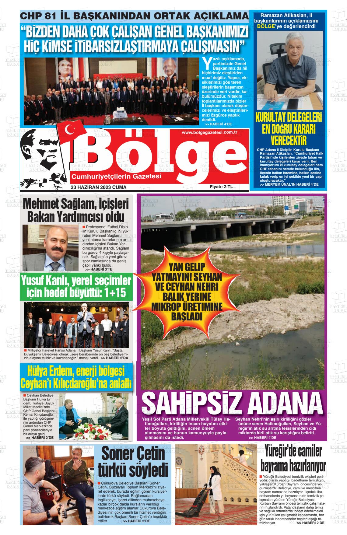 23 Haziran 2023 Adana Bölge Gazete Manşeti