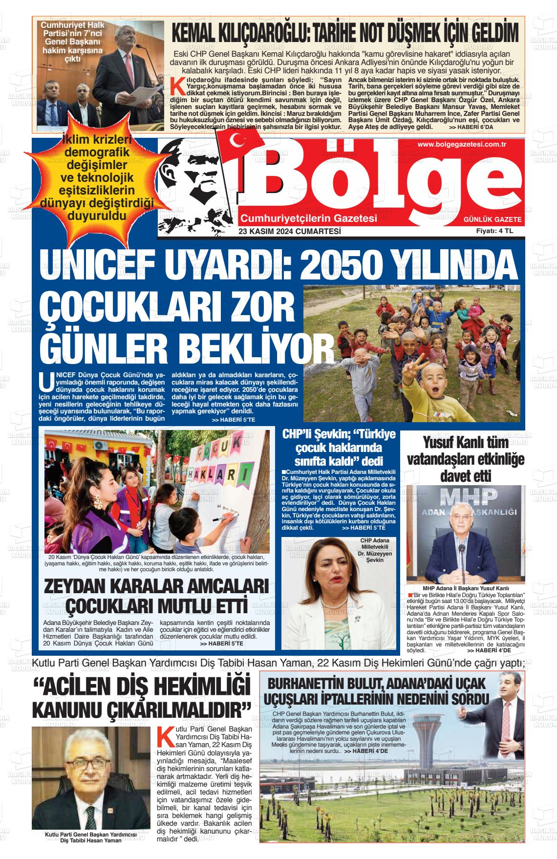 23 Kasım 2024 Adana Bölge Gazete Manşeti