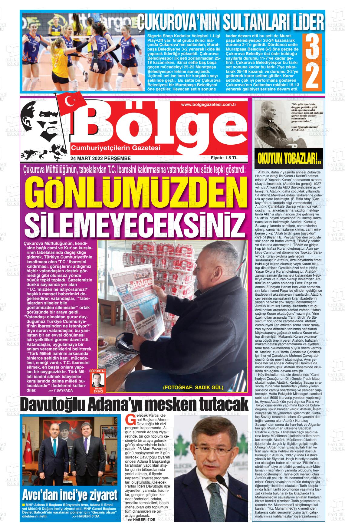 24 Mart 2022 Adana Bölge Gazete Manşeti