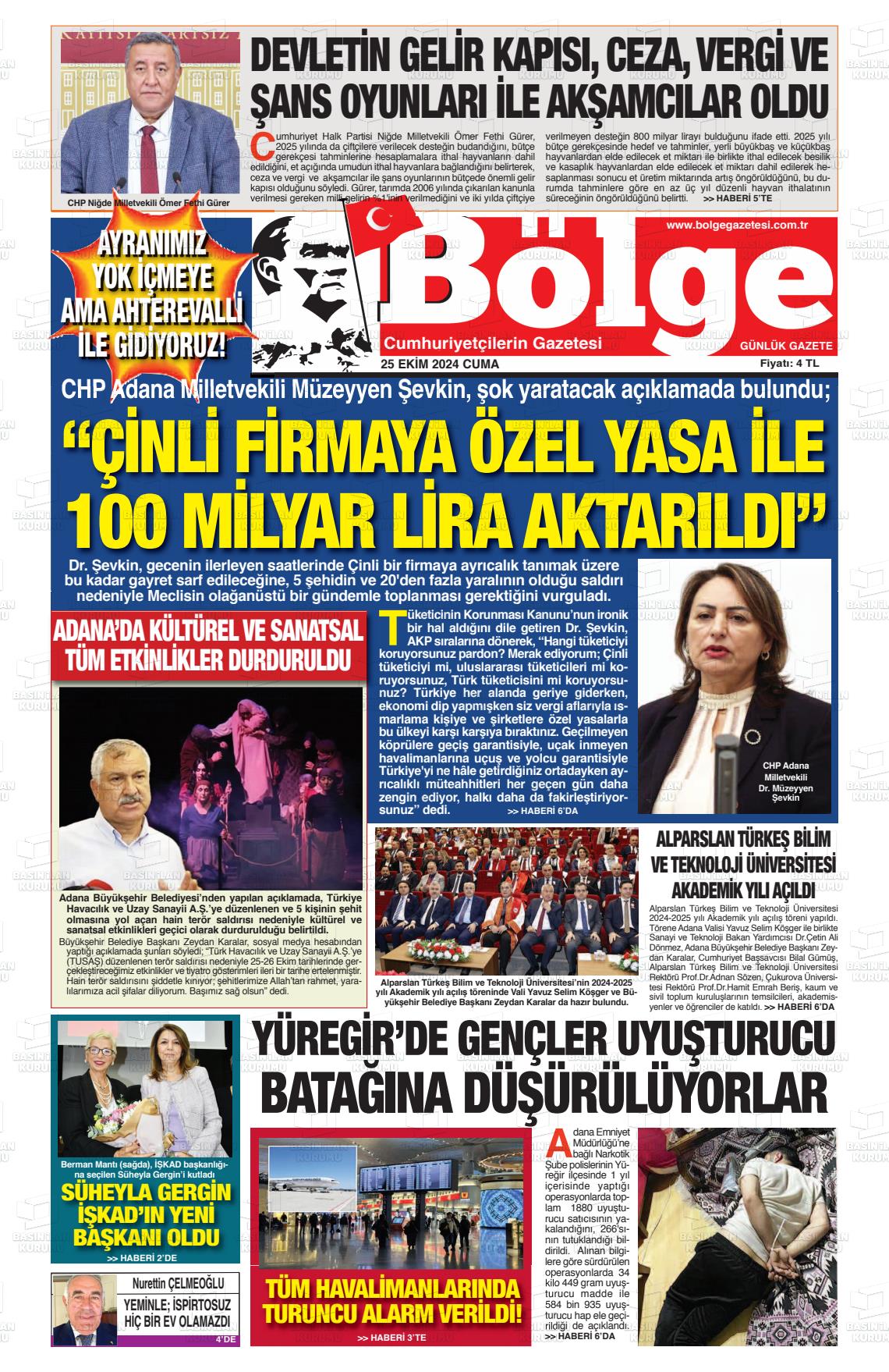 25 Ekim 2024 Adana Bölge Gazete Manşeti