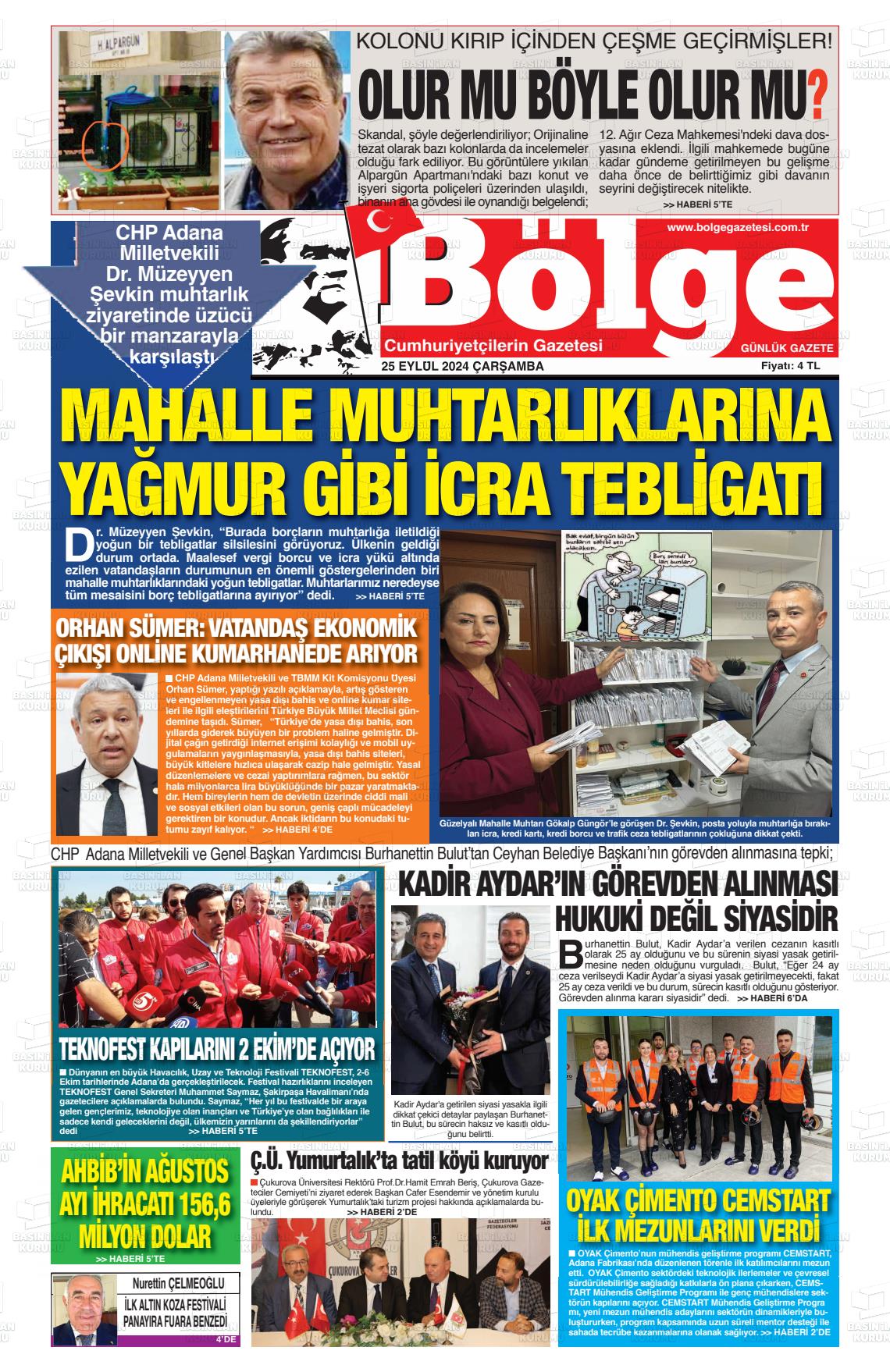 25 Eylül 2024 Adana Bölge Gazete Manşeti