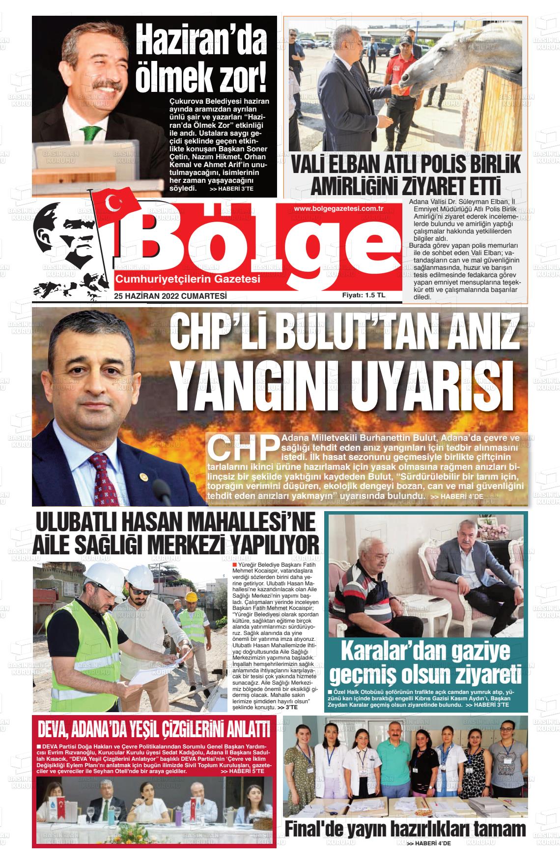 25 Haziran 2022 Adana Bölge Gazete Manşeti