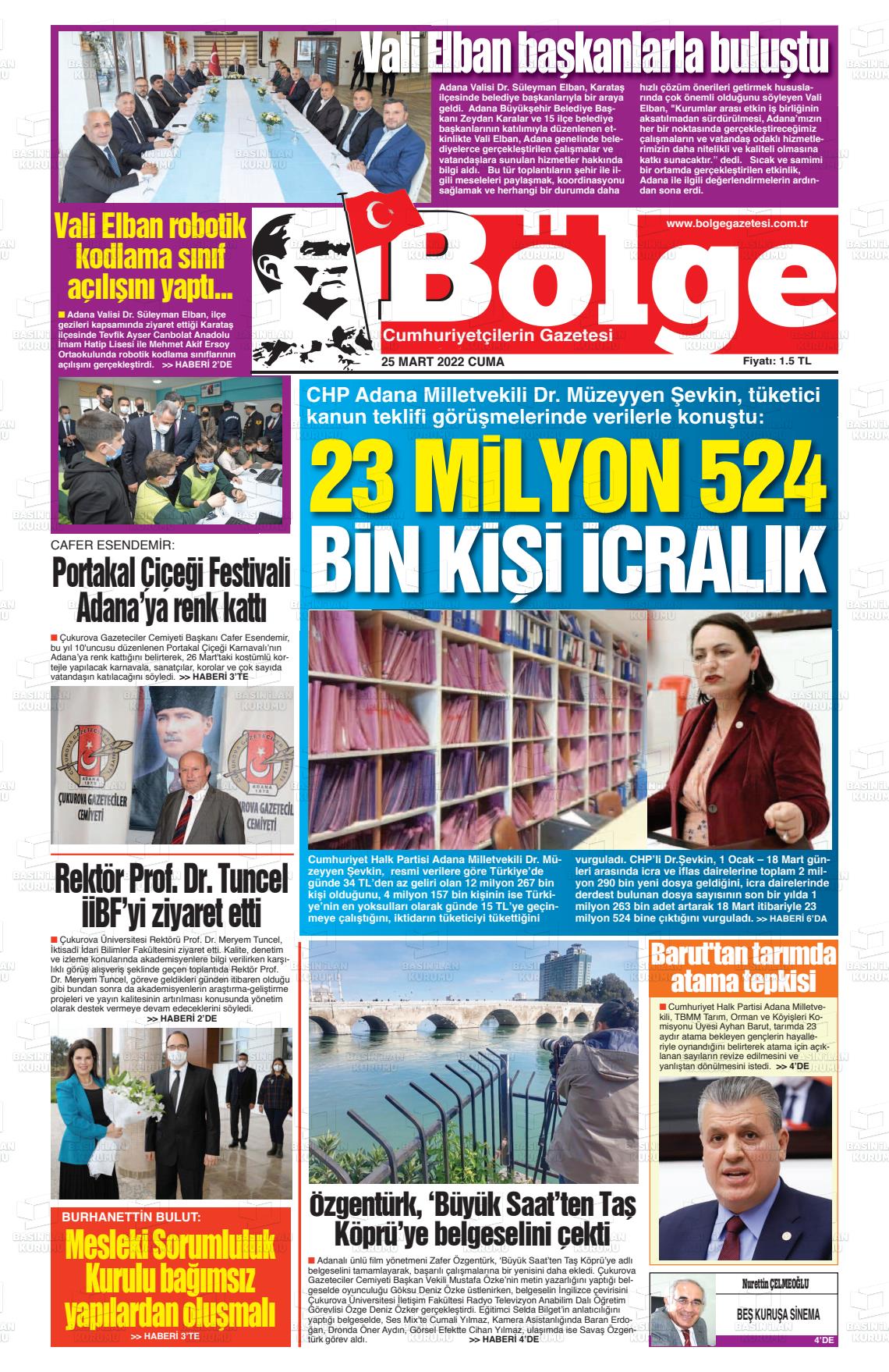 25 Mart 2022 Adana Bölge Gazete Manşeti