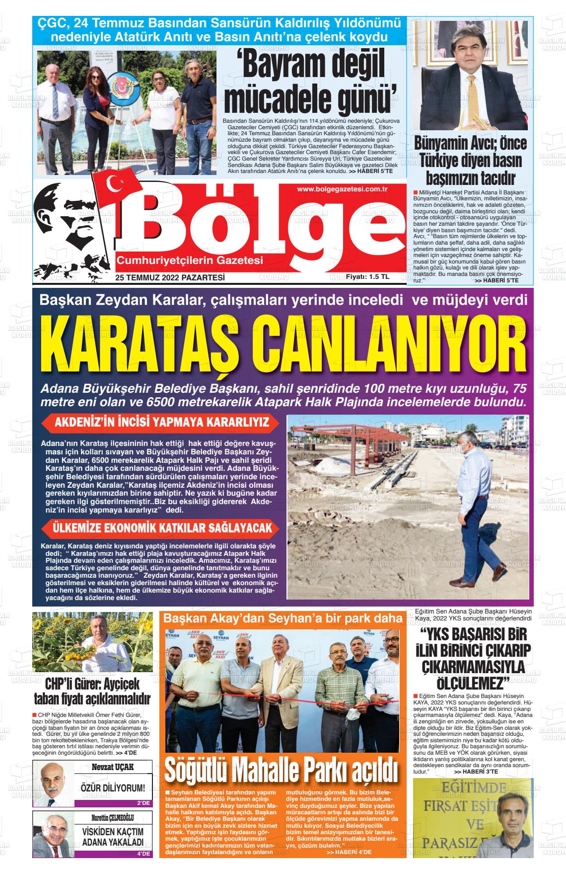 22 Eylül 2022 Adana Bölge Gazete Manşeti