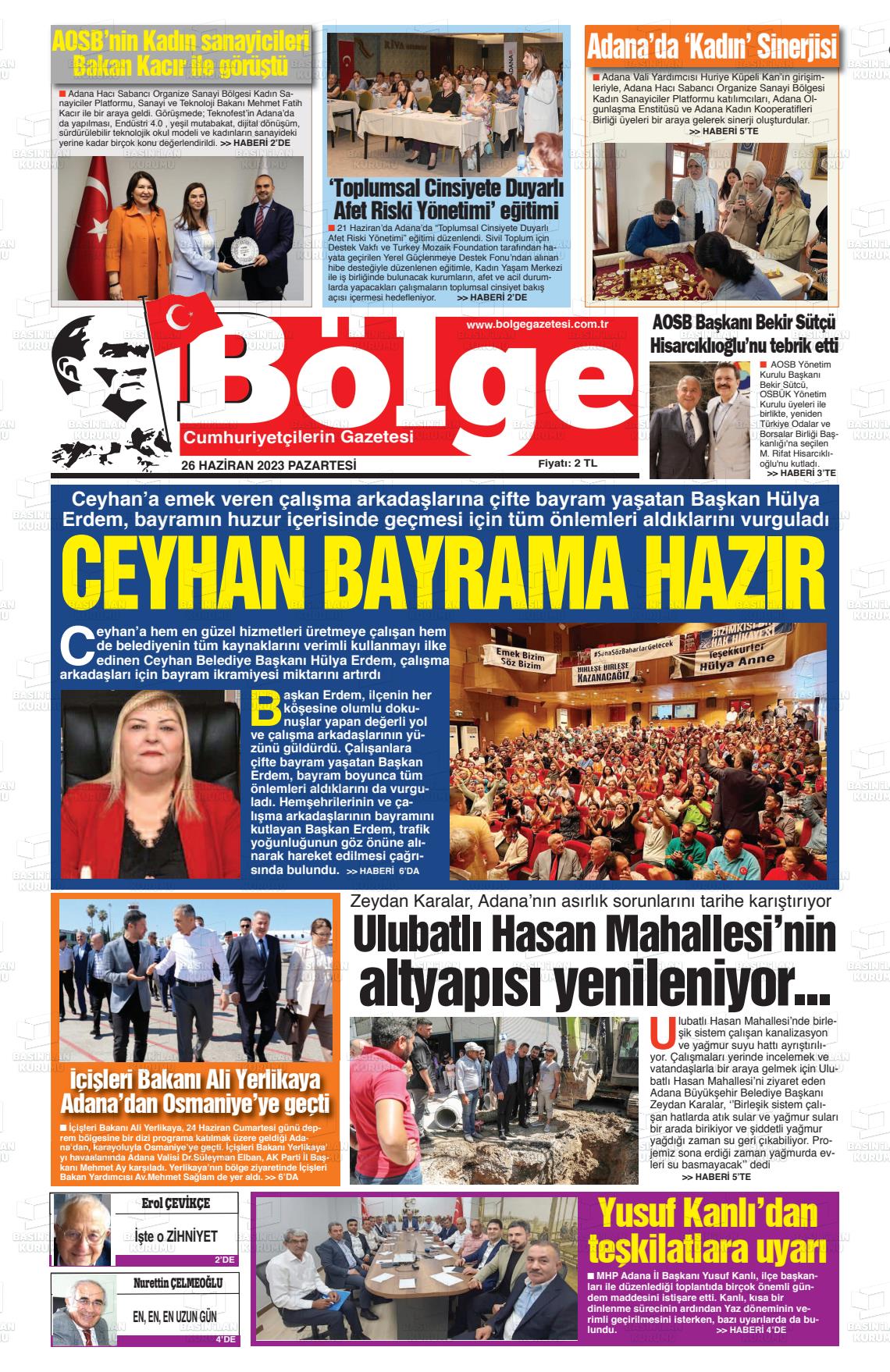 26 Haziran 2023 Adana Bölge Gazete Manşeti